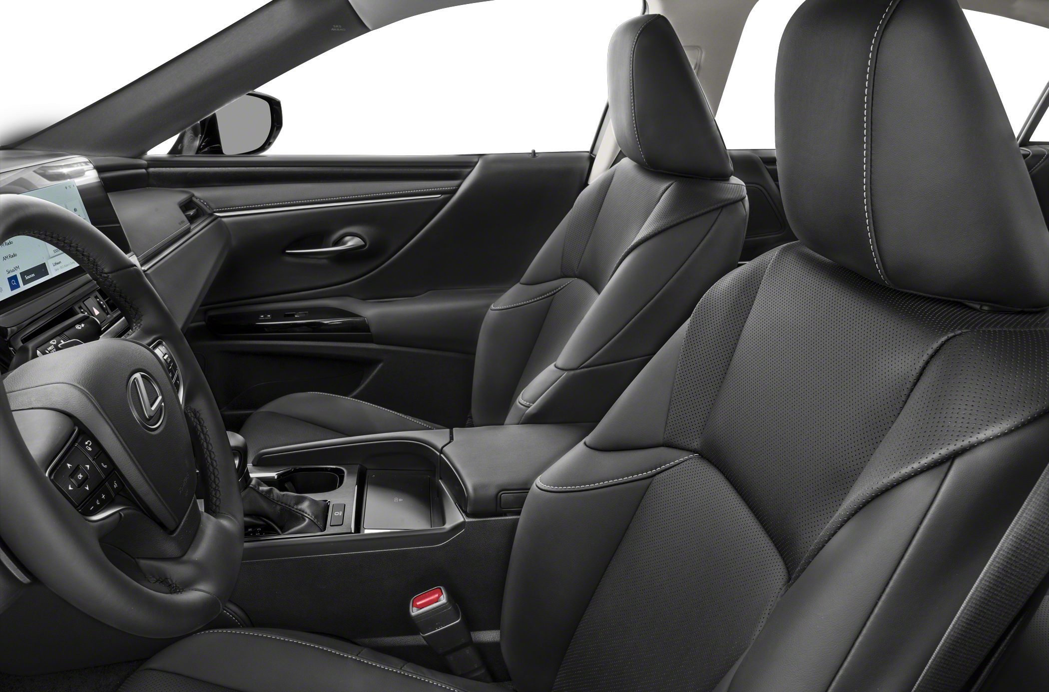 Black leather seats with stitching and modern dashboard interior