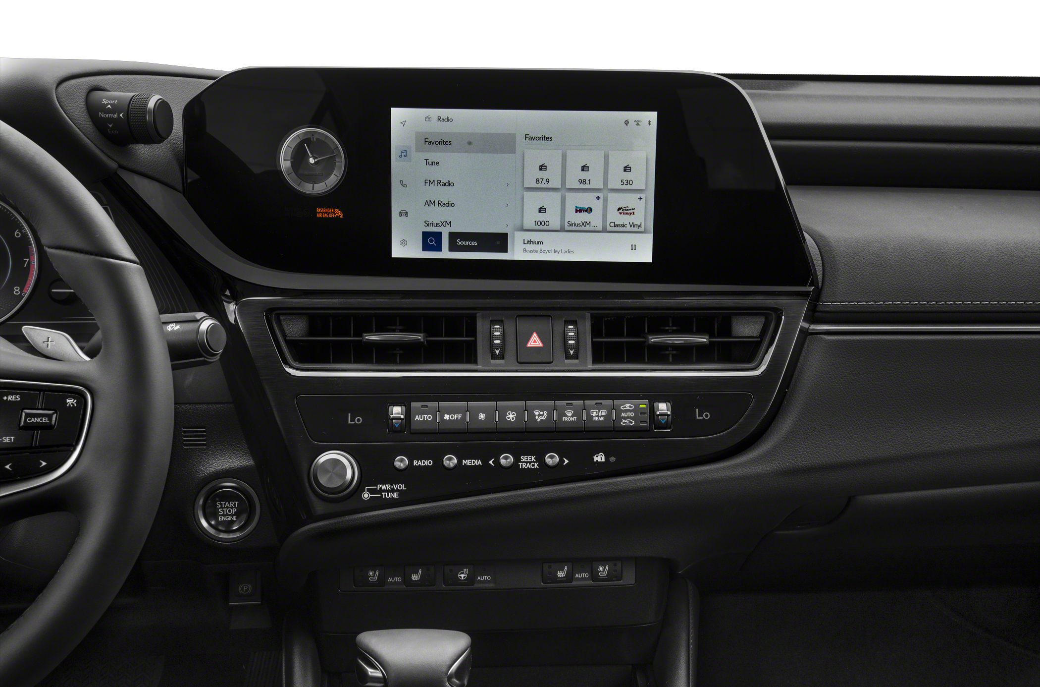 Car infotainment screen and climate control panel with analog clock