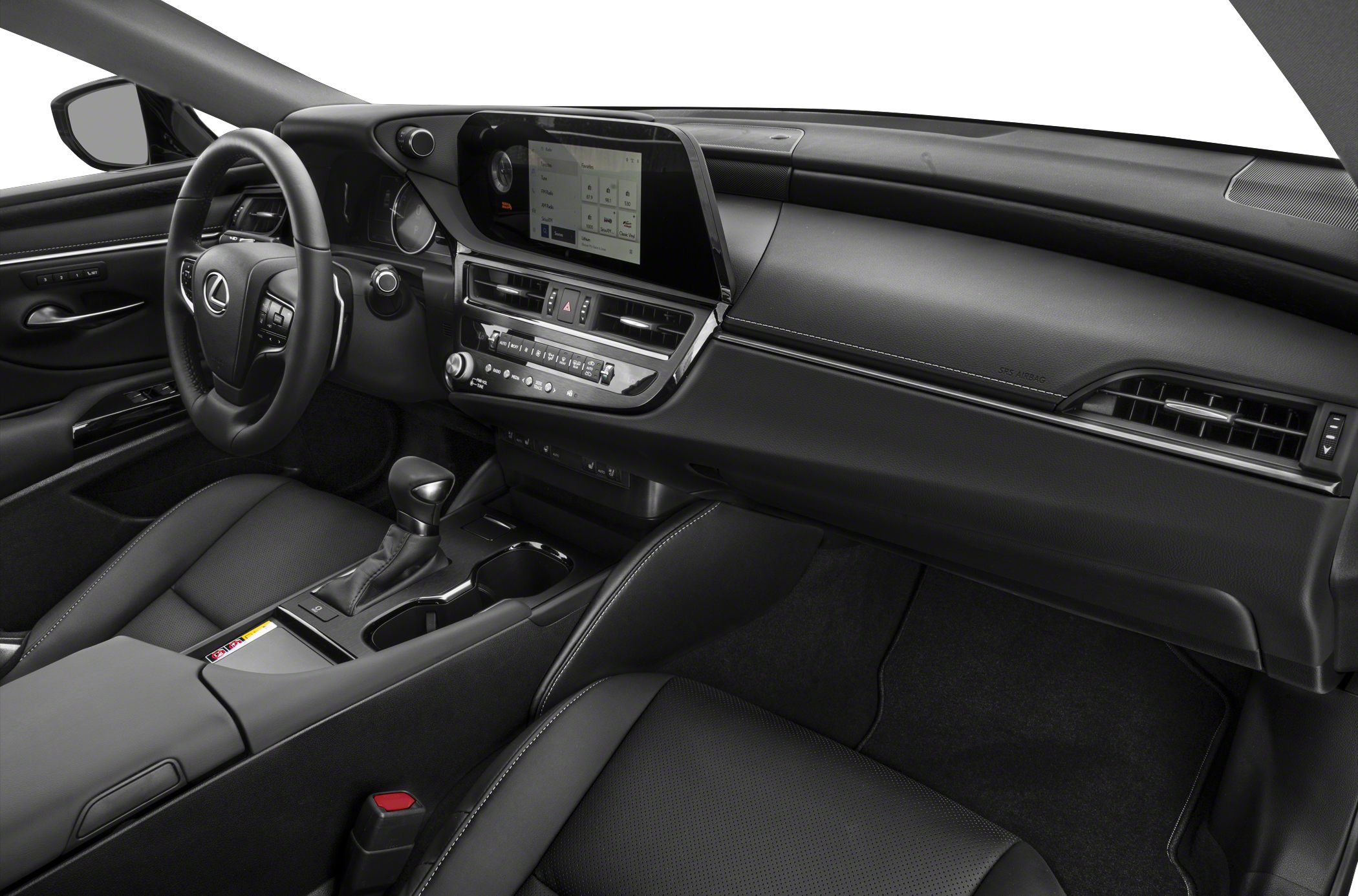 Modern dashboard with infotainment screen and black leather seats