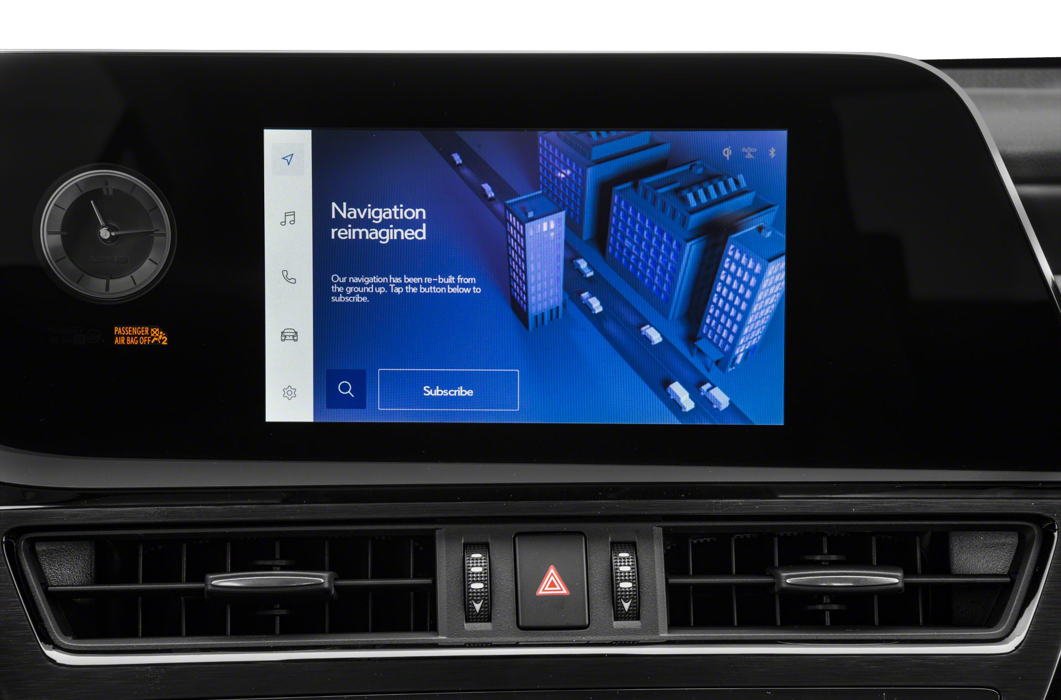 Digital navigation screen with central dashboard air vents and analog clock