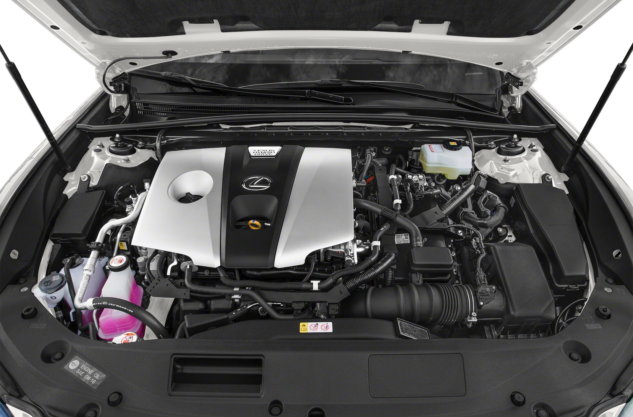 Modern engine bay with prominent engine cover and various components.