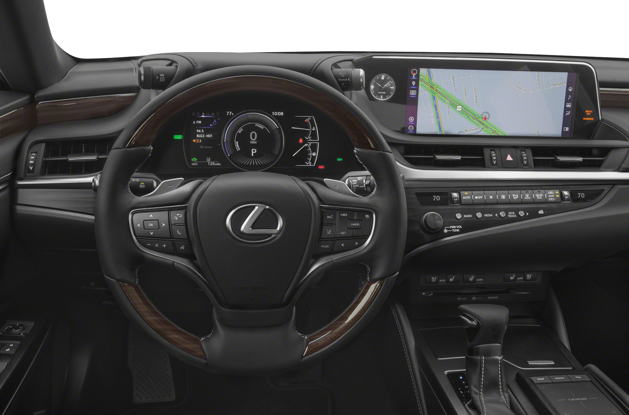 Steering wheel with wood trim, digital instrument cluster, widescreen navigation display