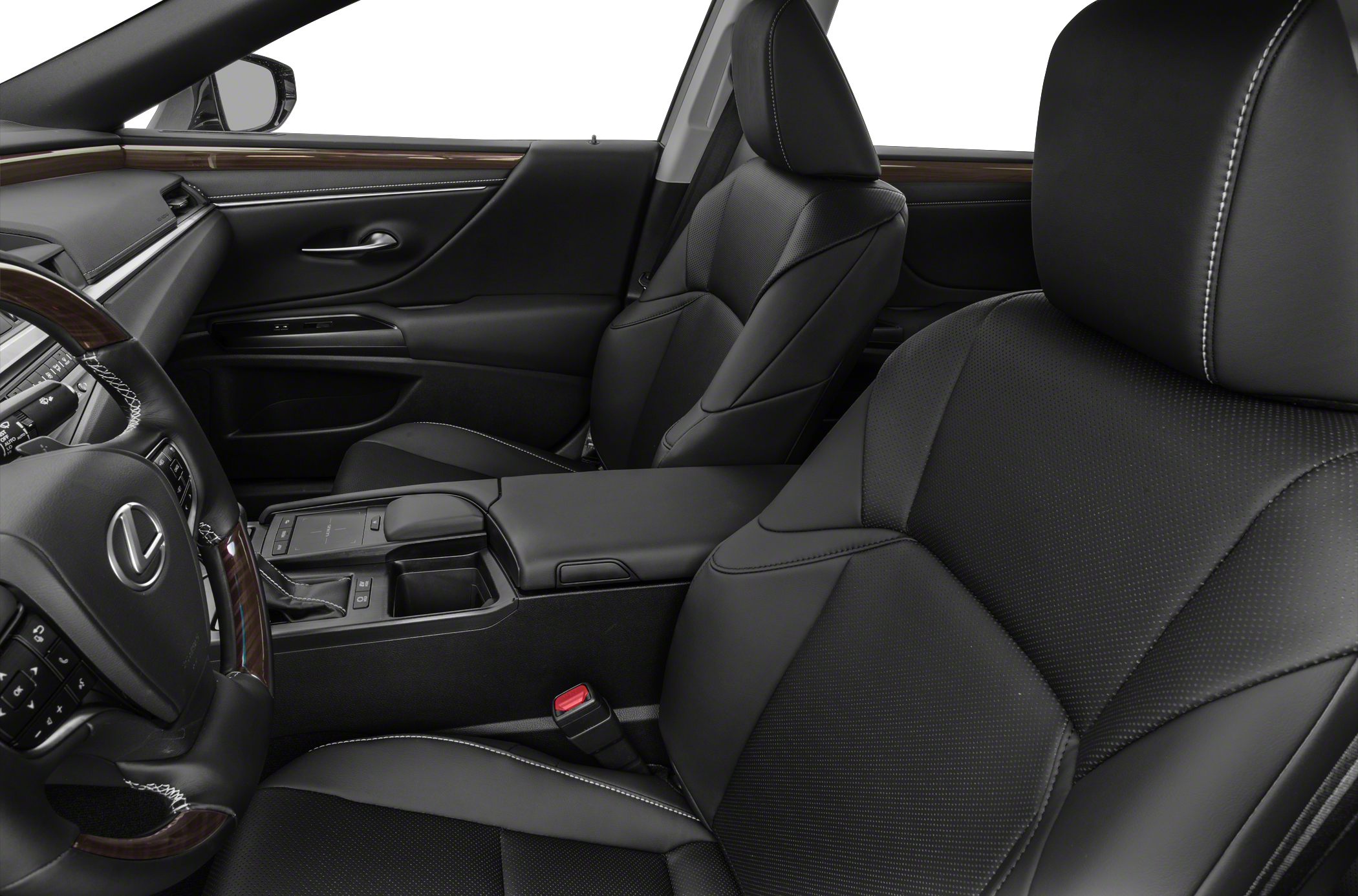 Black leather front seats and upscale interior with wood trim