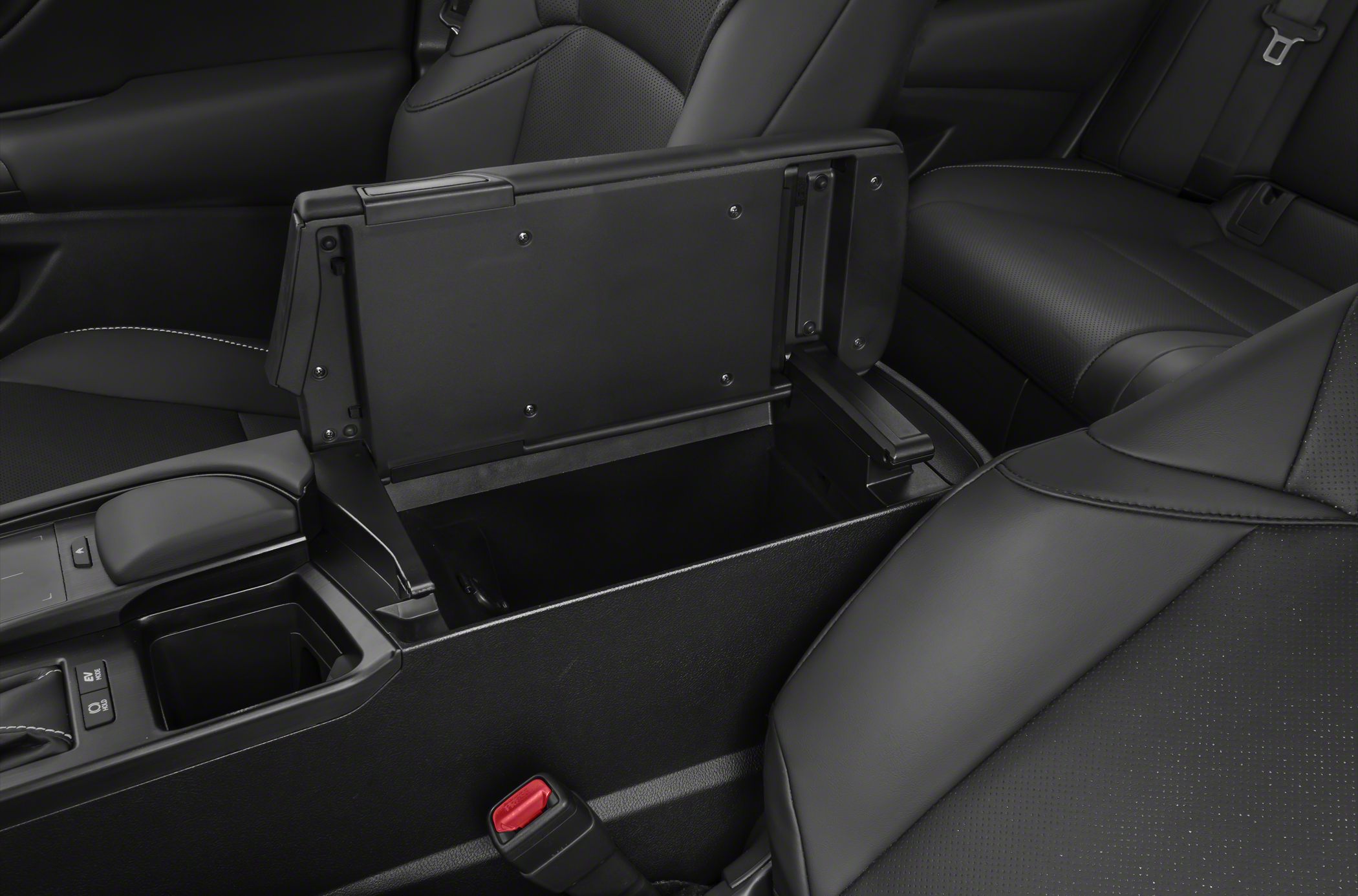 Center console storage compartment with armrest and cup holder