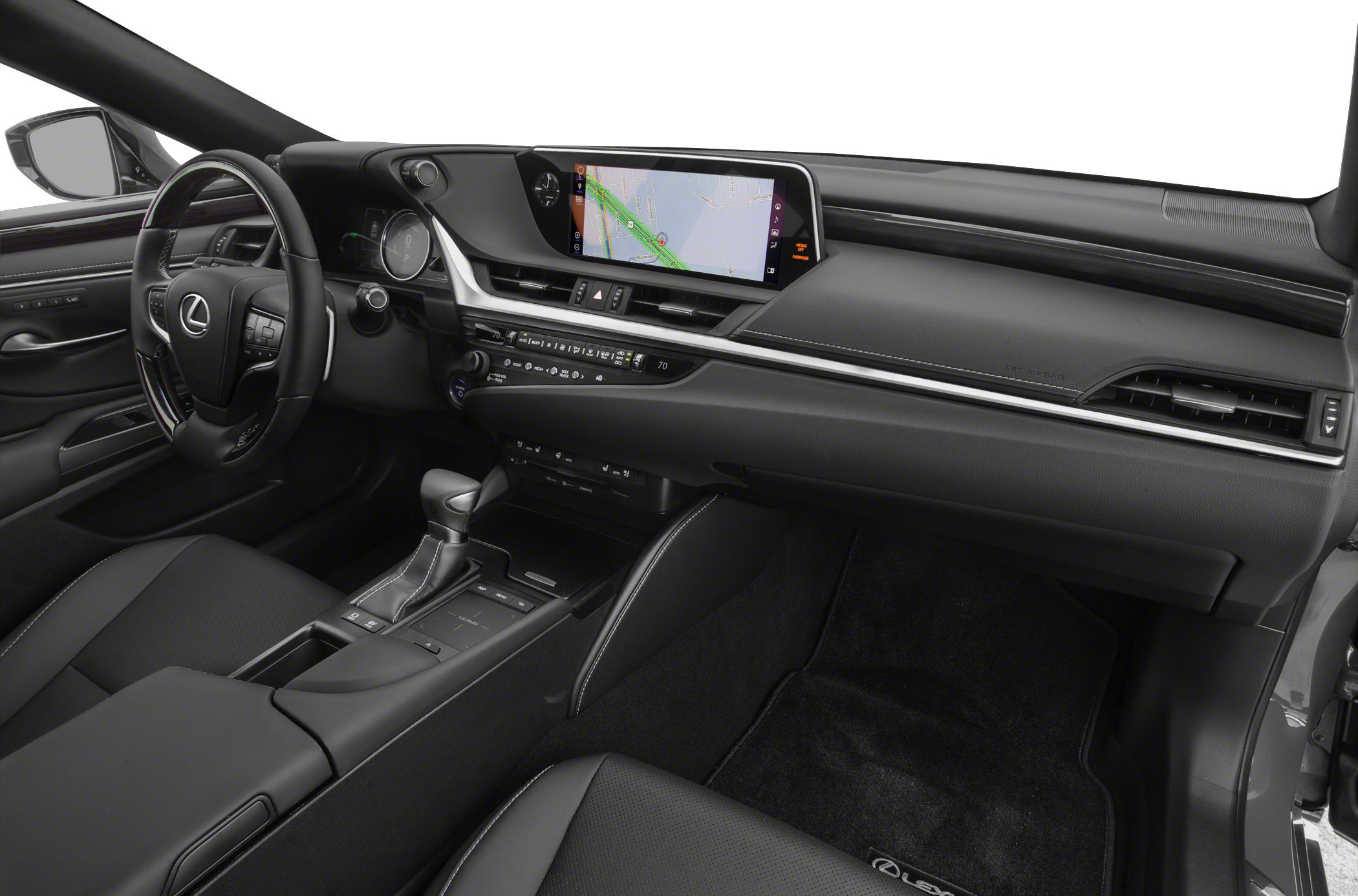 Luxury dashboard with navigation screen and ergonomic steering wheel
