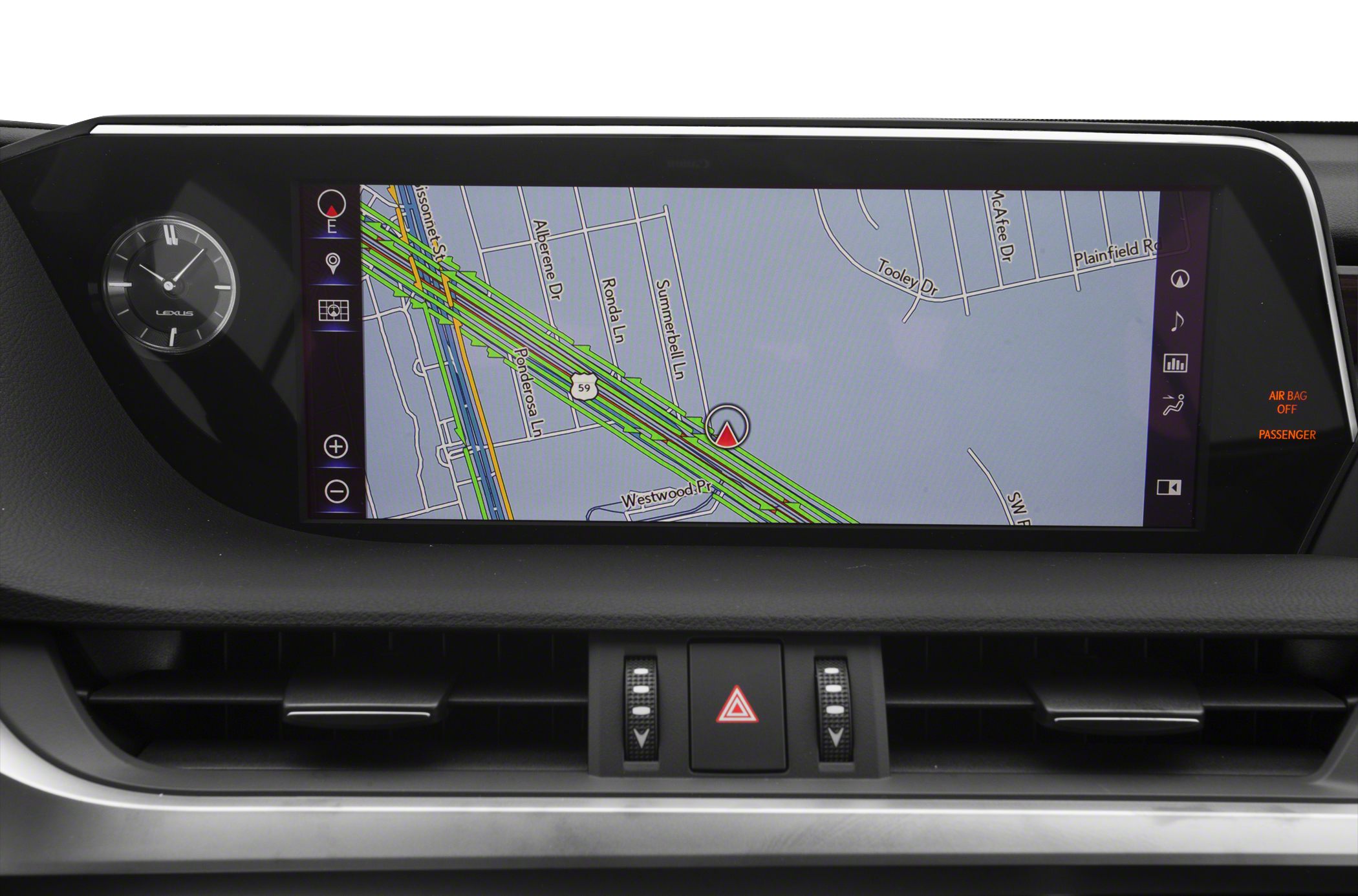 GPS navigation display and analog clock integrated in vehicle dashboard