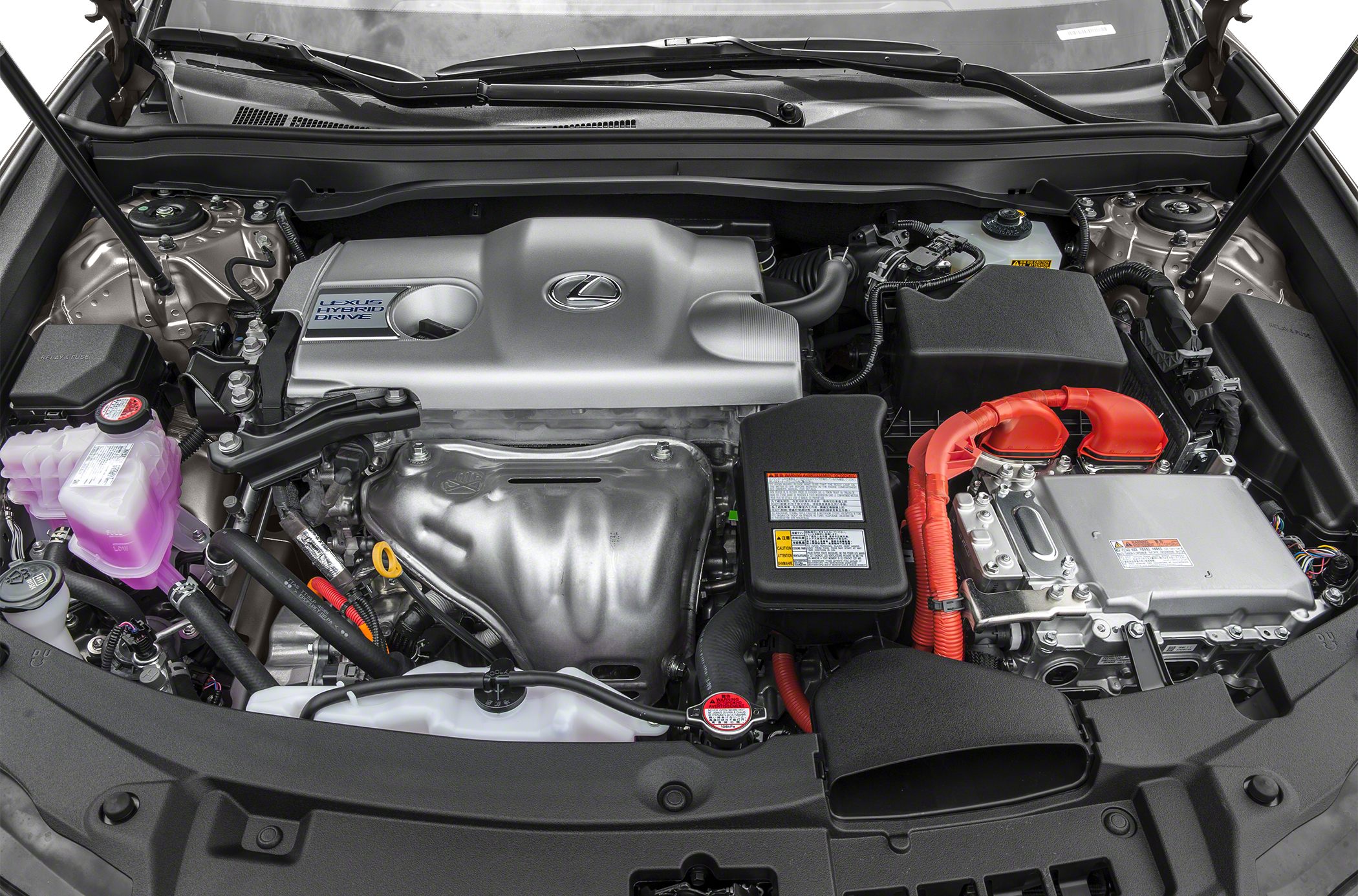 Hybrid engine bay with Lexus Hybrid Drive and visible electric components
