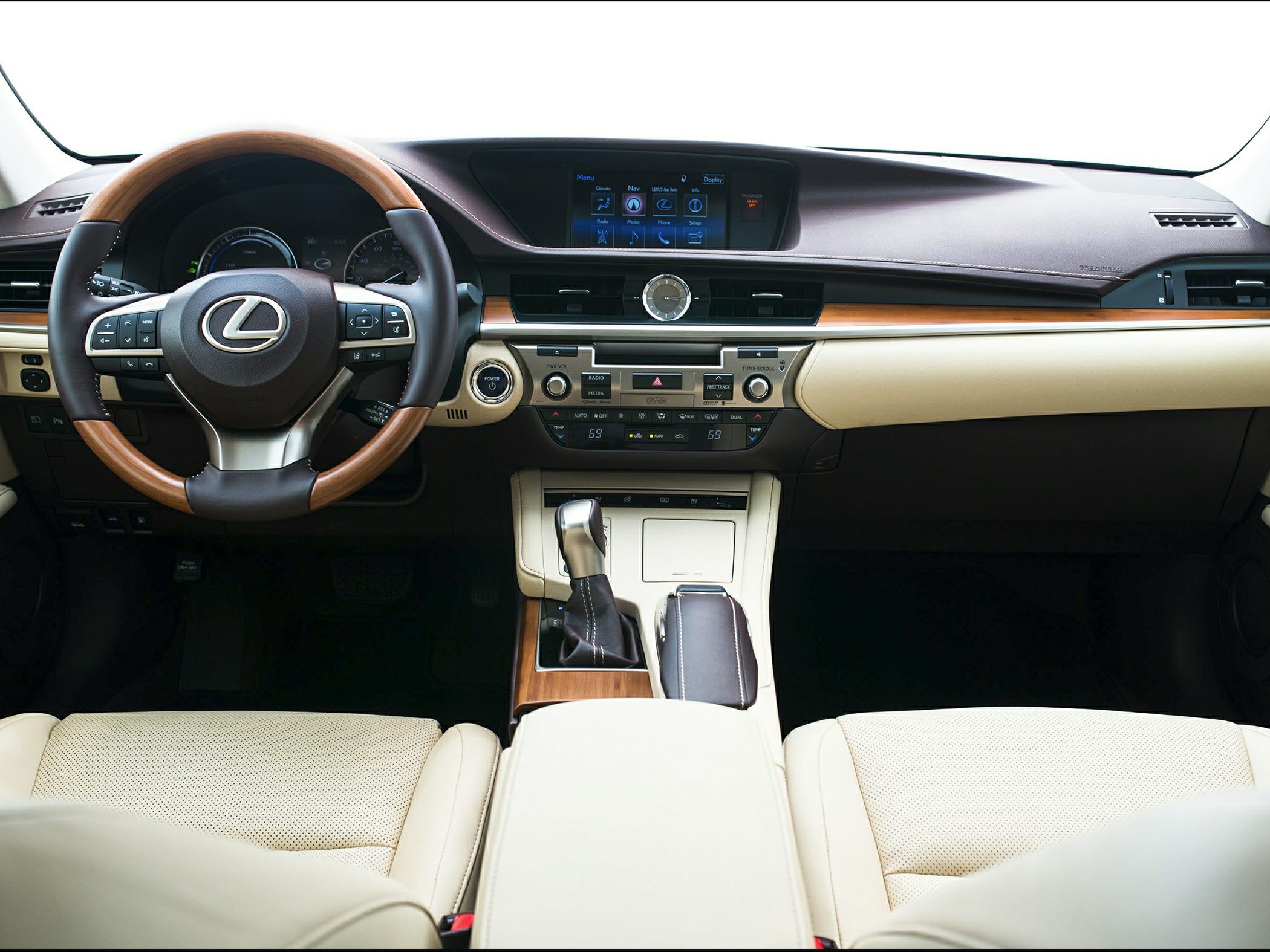 Luxury dashboard with wood-accented steering and modern infotainment screen