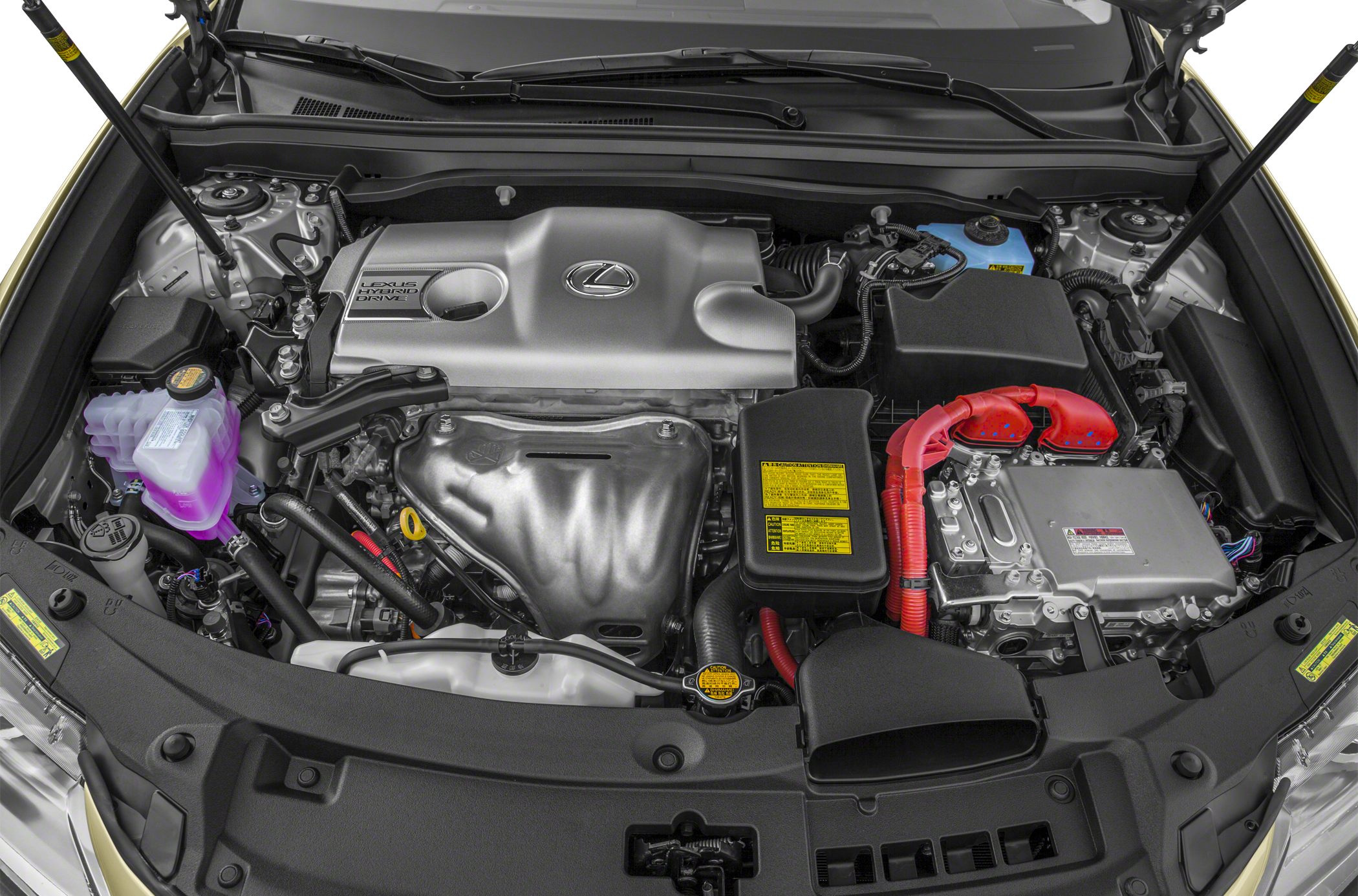 Hybrid engine bay with Lexus Hybrid Drive cover and high-voltage orange cables.