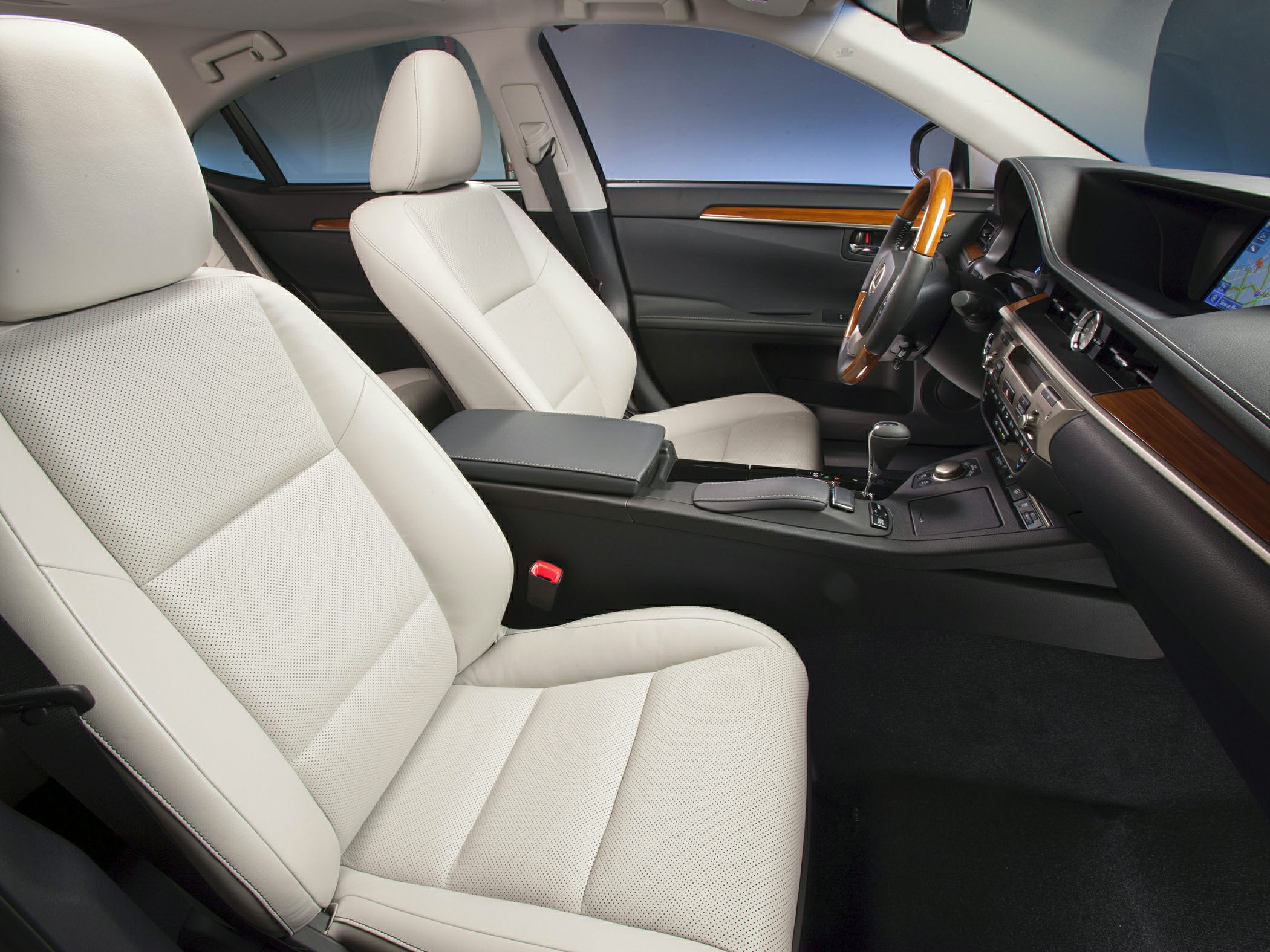 Leather seats and wood trim in car interior