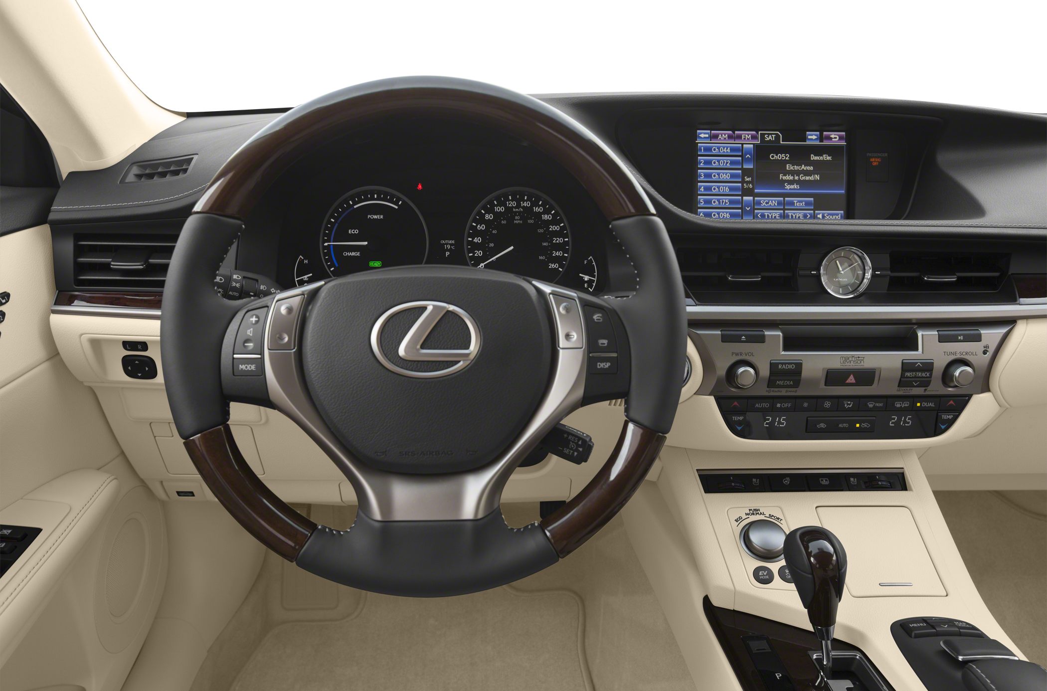Luxury beige interior with steering wheel, digital cluster, and infotainment screen