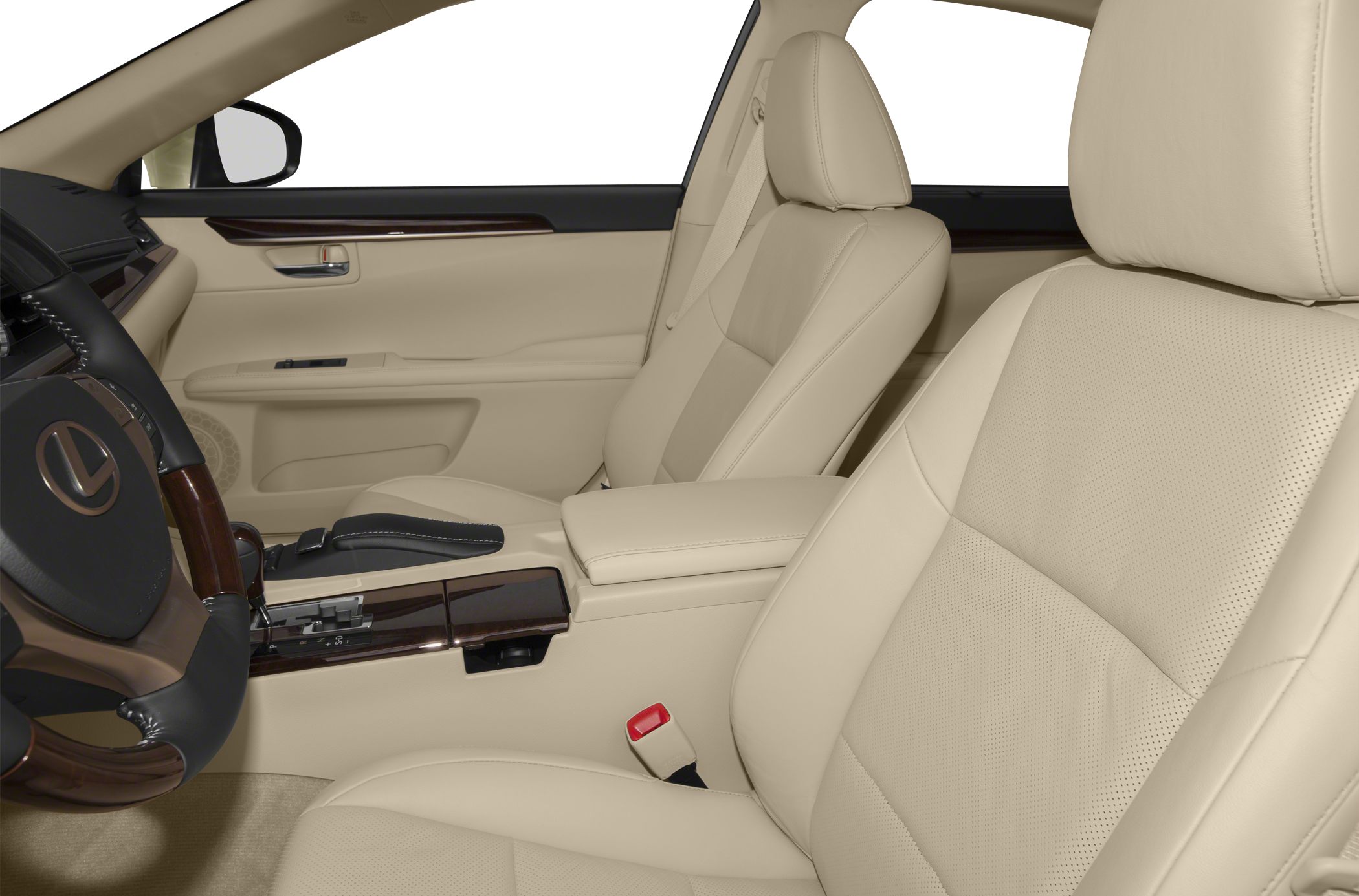 Beige leather seats with wood trim and central console details