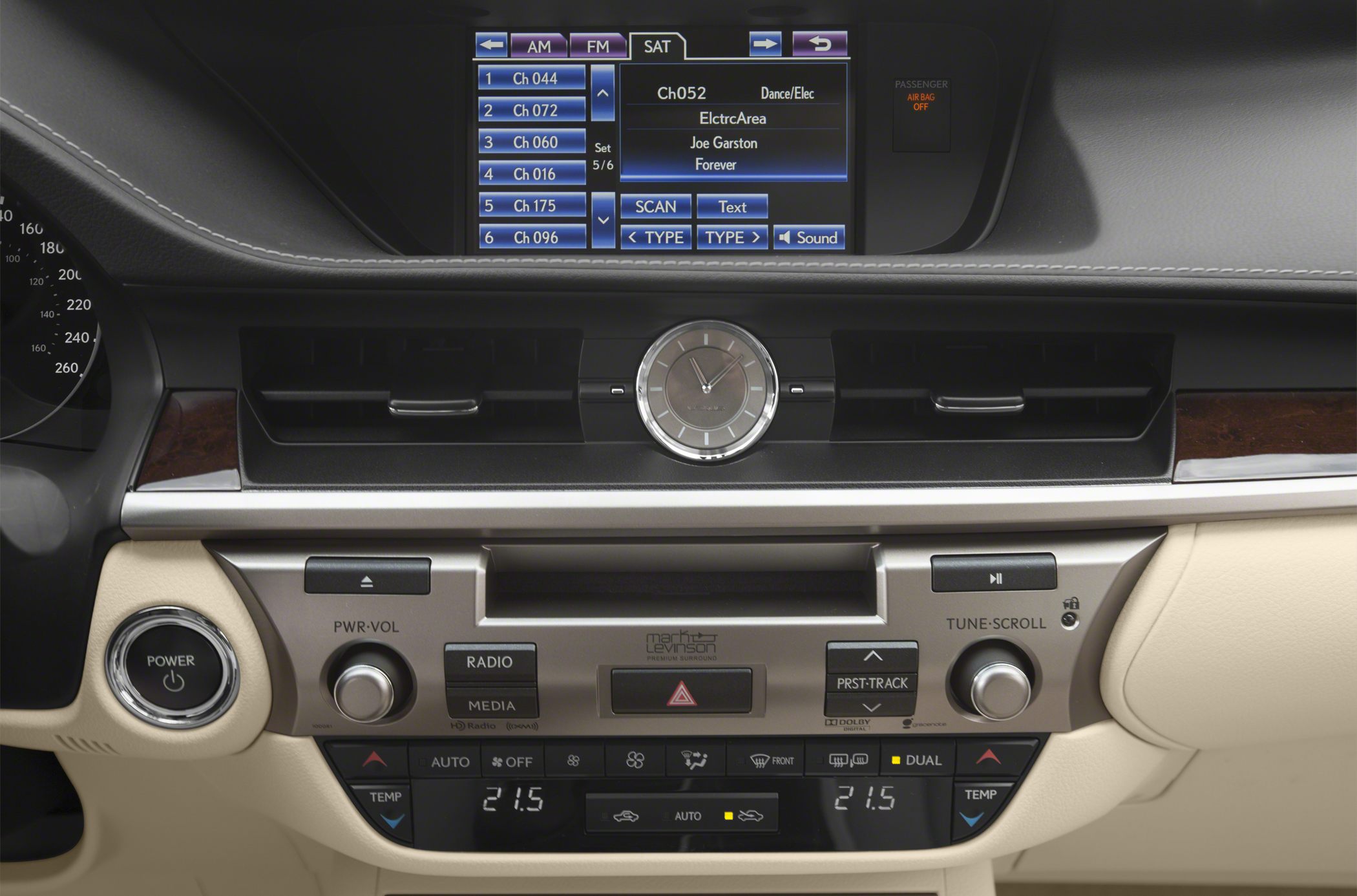 Dashboard with analog clock, multimedia display, dual-zone climate controls