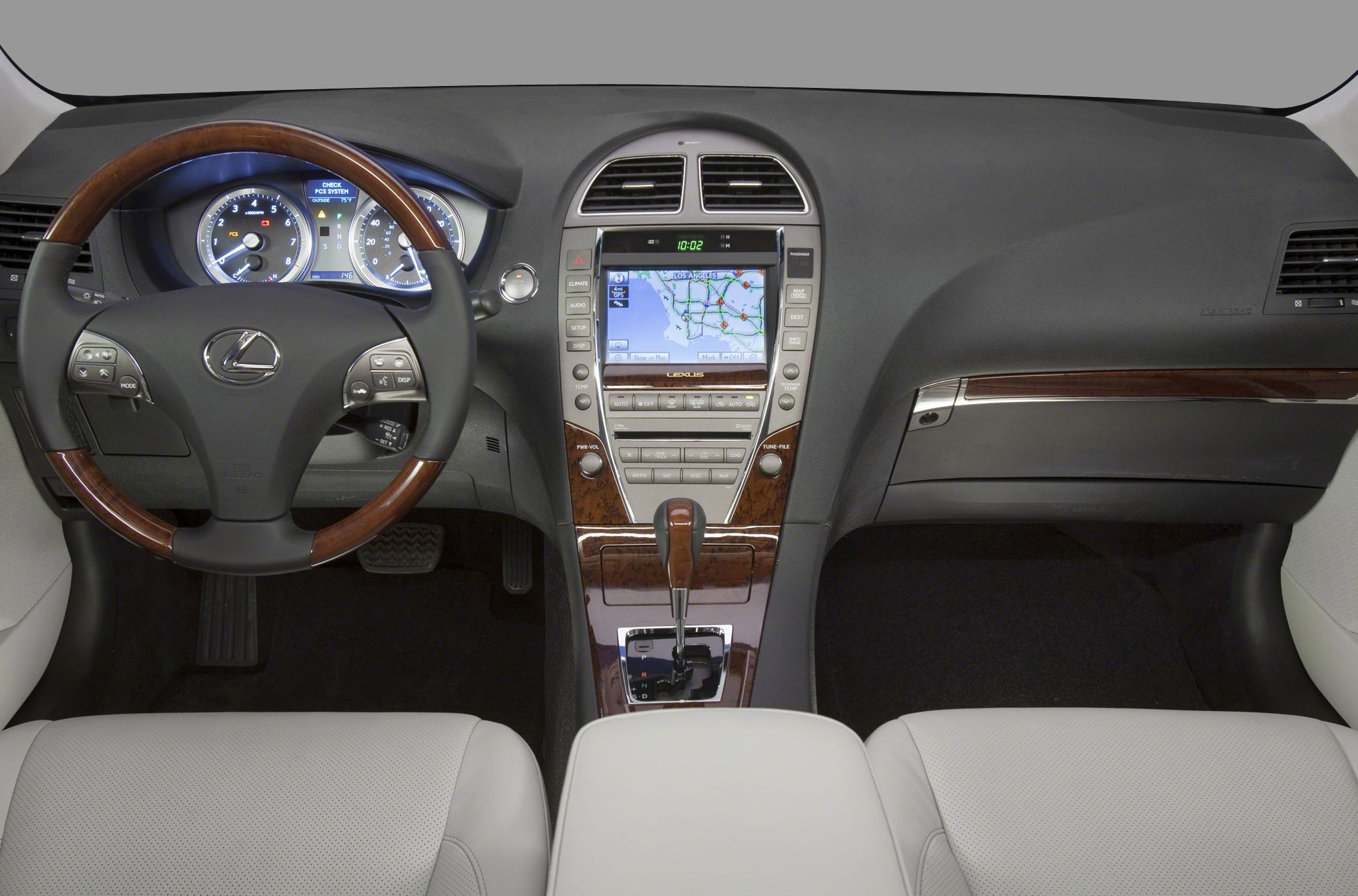 Dashboard with navigation and wood-accented steering wheel