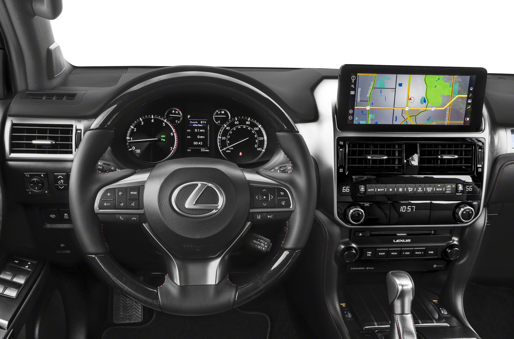 Steering wheel, digital instrument cluster, and navigation display