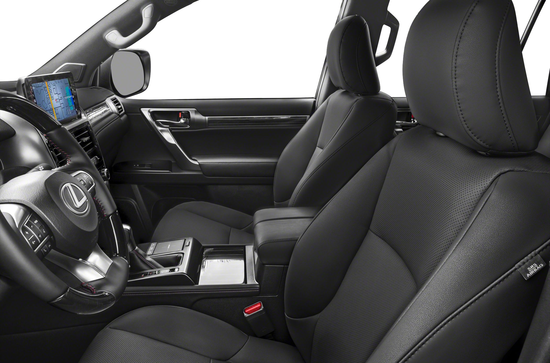 Black leather front seats with dashboard and infotainment screen