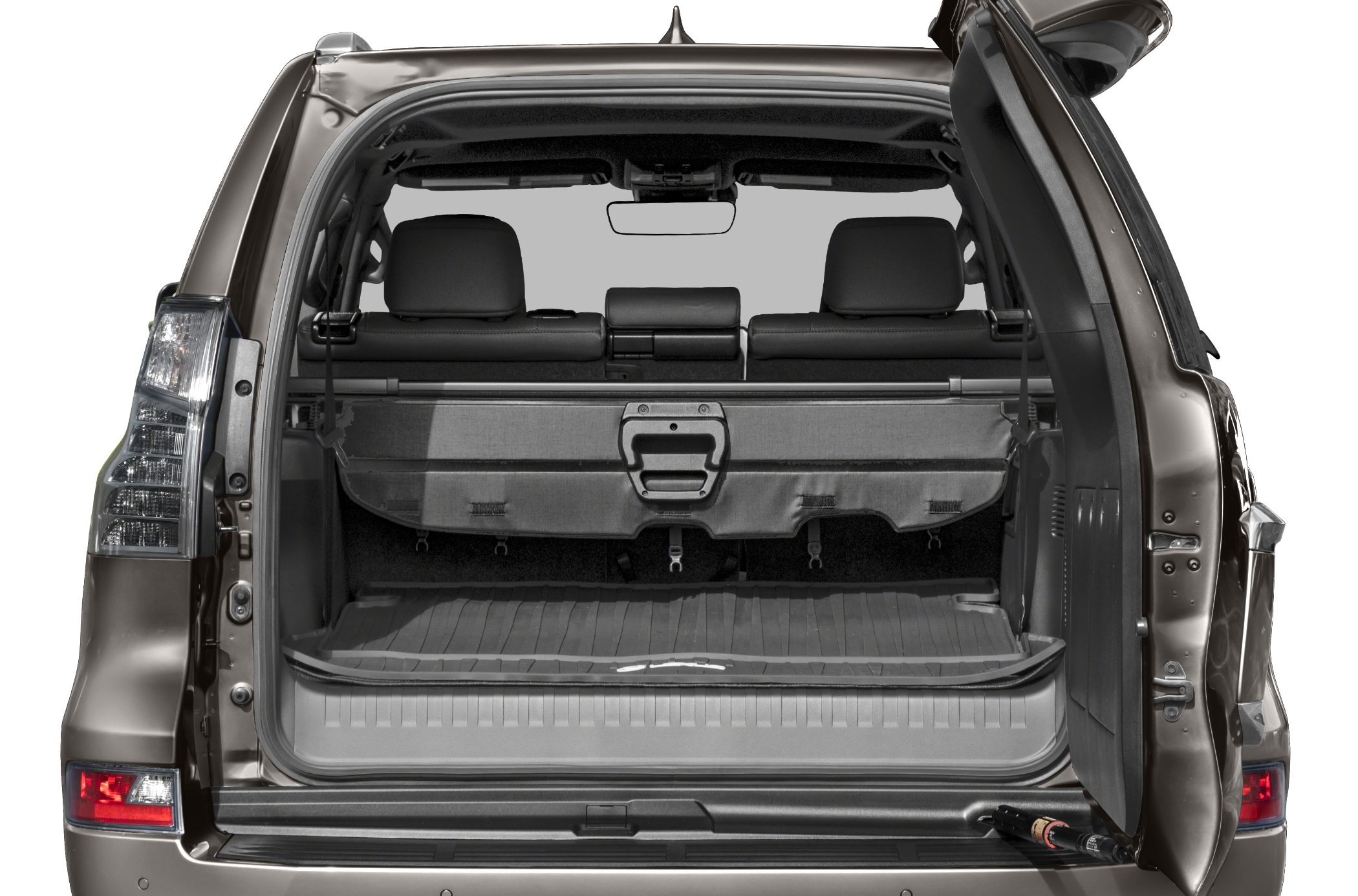 Open rear cargo space with tailgate and cargo cover