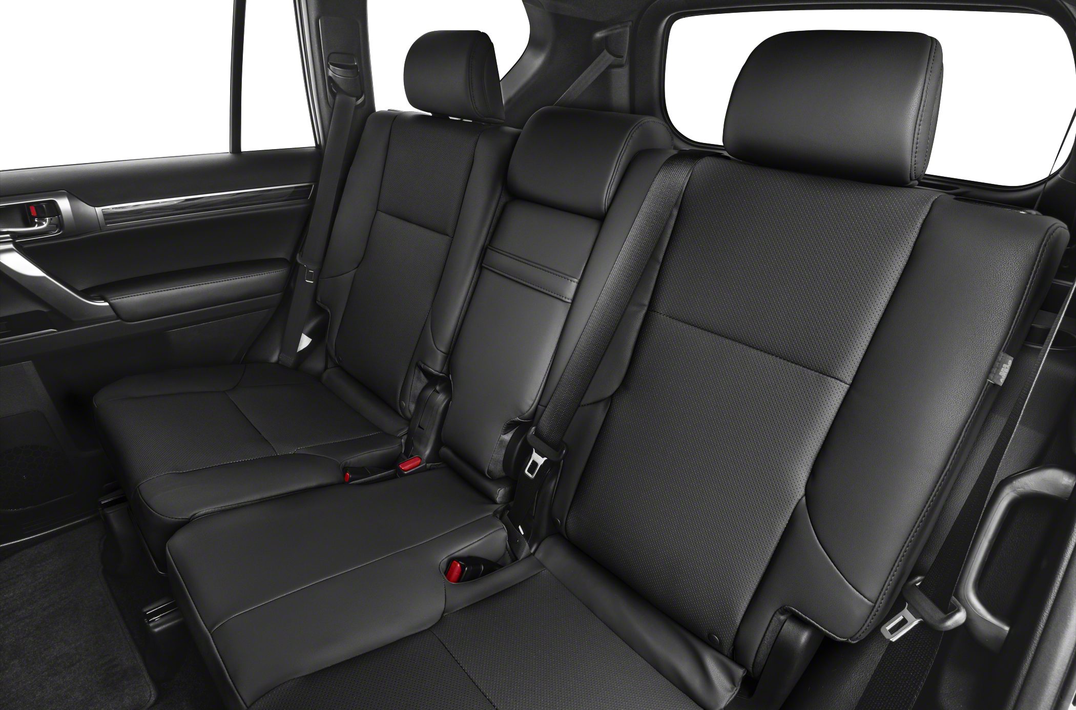 Rear black leather seats with headrests and seatbelts