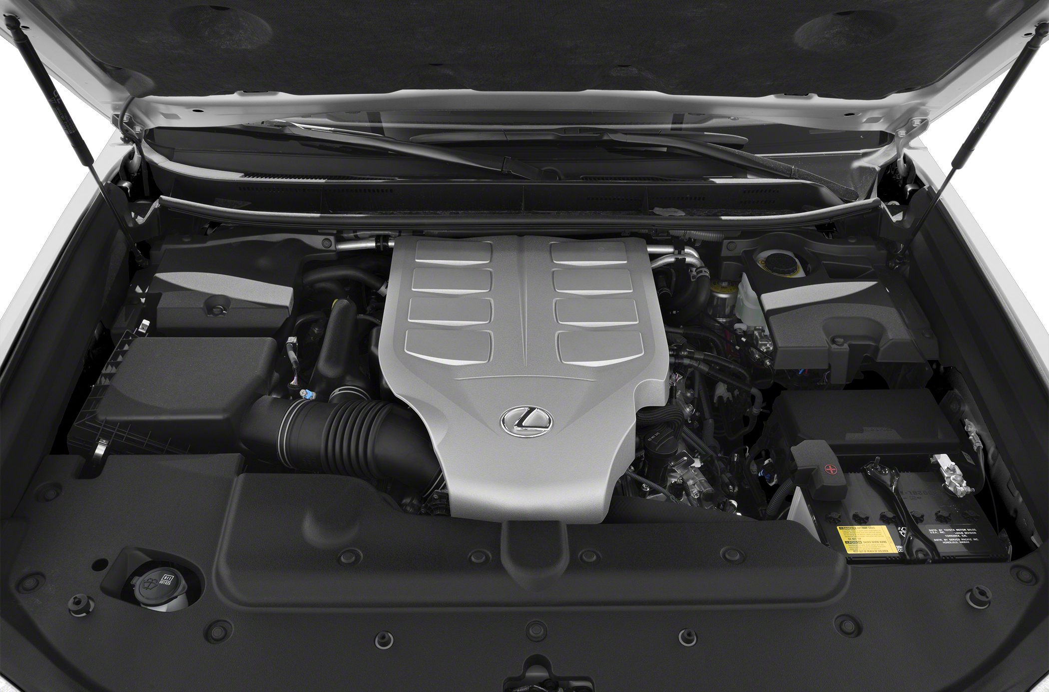V8 engine bay with cover and Lexus emblem
