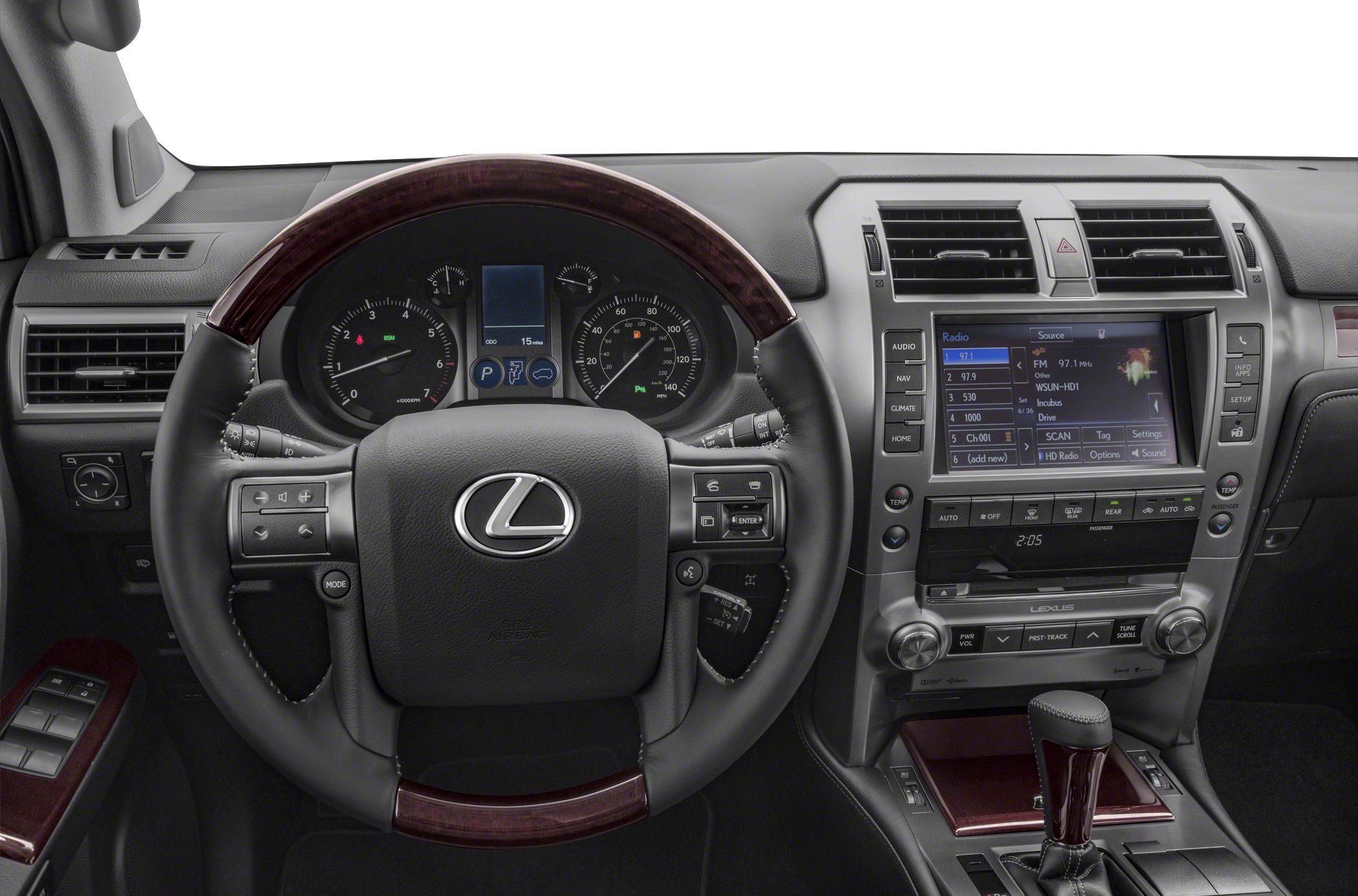Lexus SUV interior with steering wheel, instrument cluster, and central multimedia screen