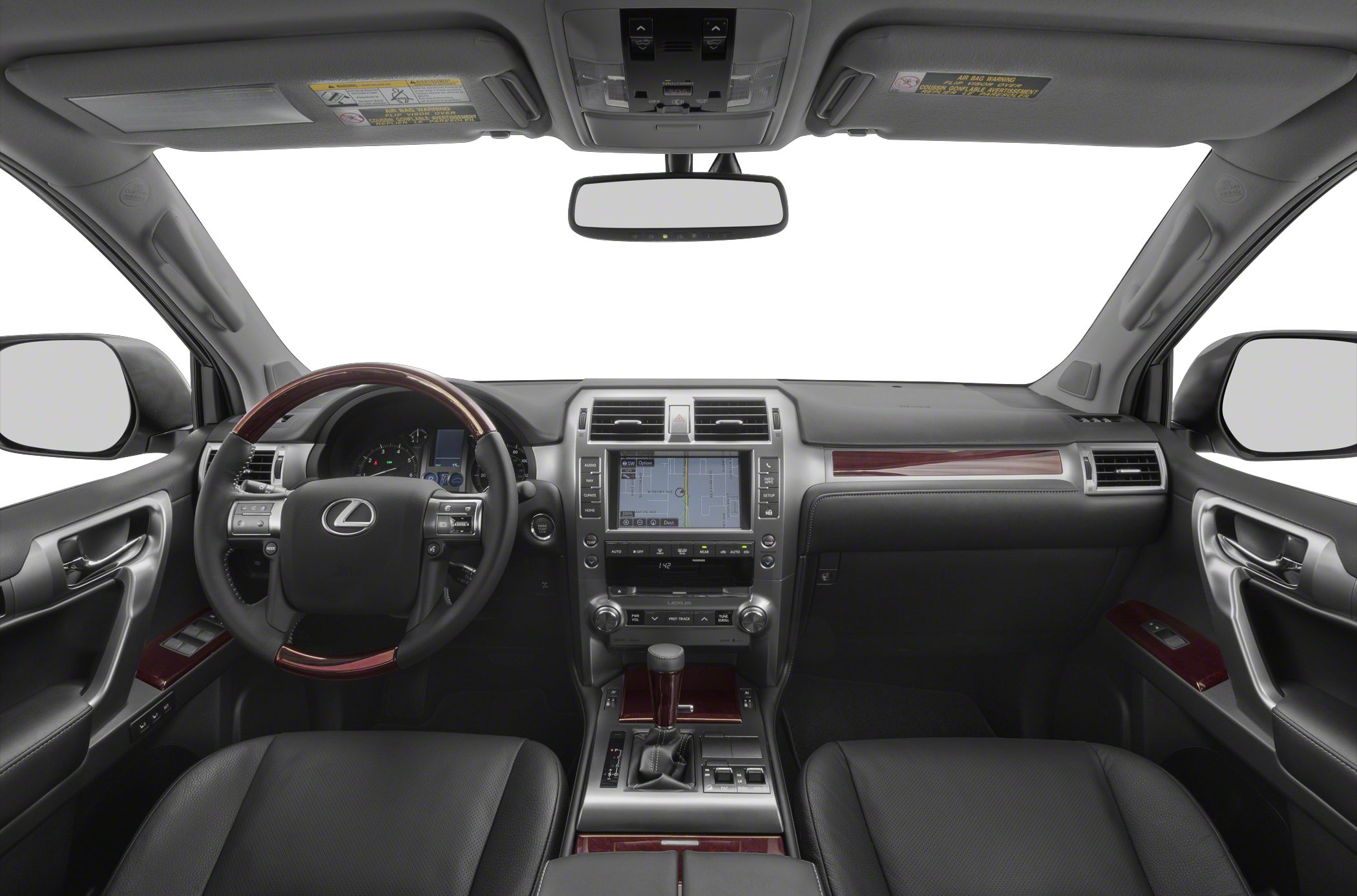 Luxury SUV interior with navigation display, leather seats, wood trim dashboard.