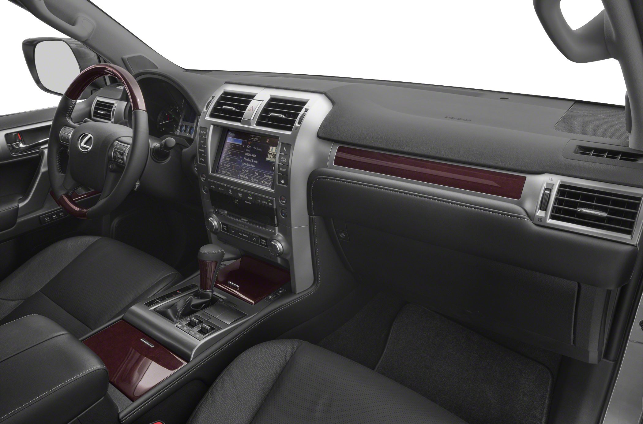 Interior with wood trim and digital infotainment system