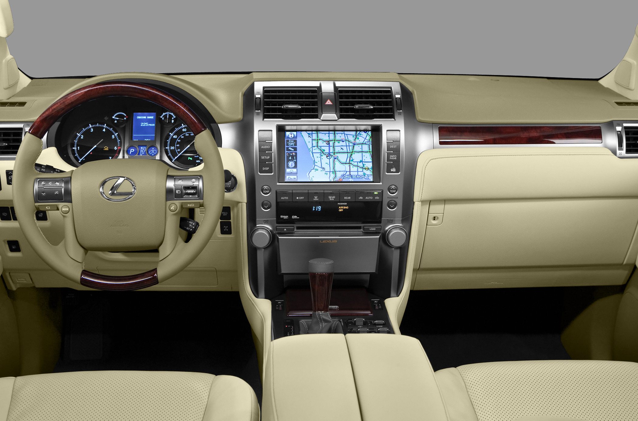 Steering wheel, navigation system, wood trim, leather interior dashboard