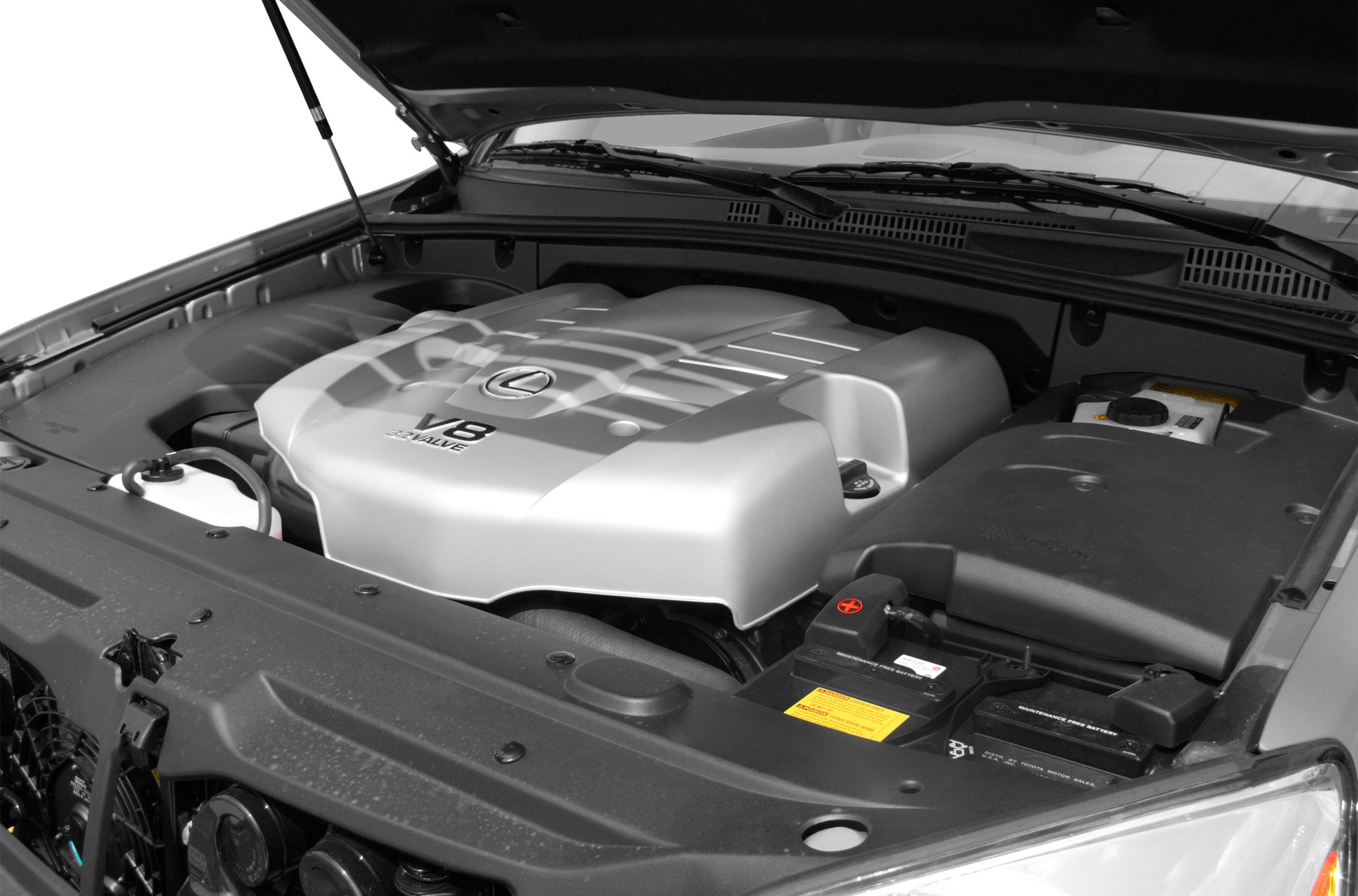 V8 engine with prominent engine cover and surrounding components