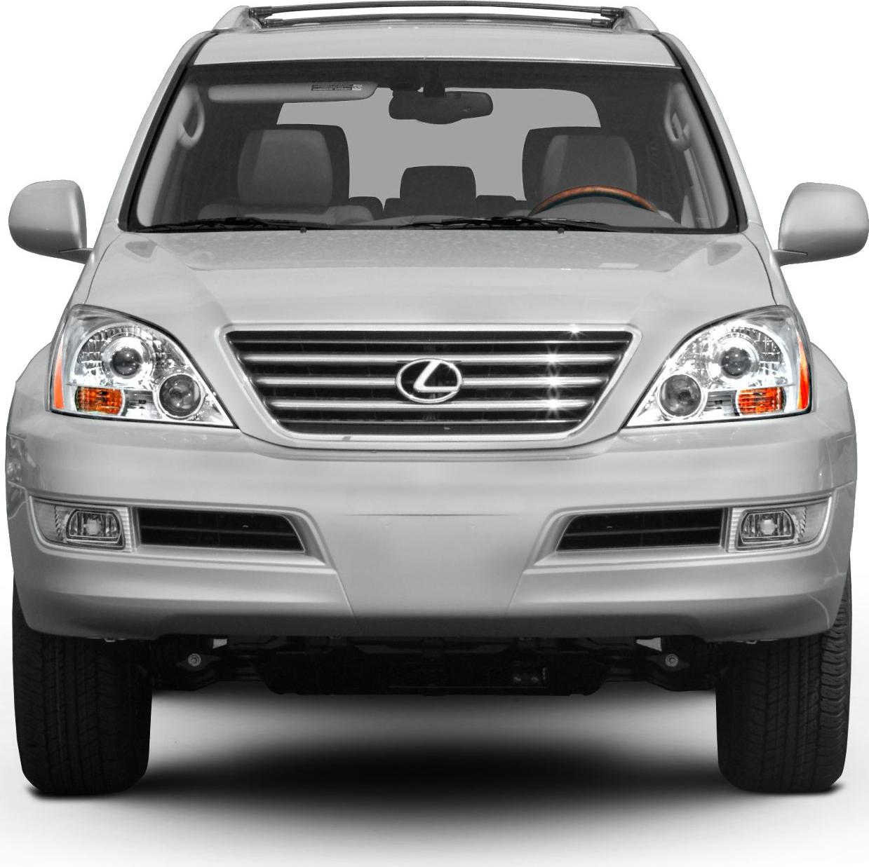Front view with grille and dual round headlights of an SUV