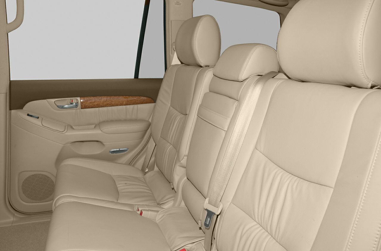 Rear leather seats with headrests and wood trim door panel