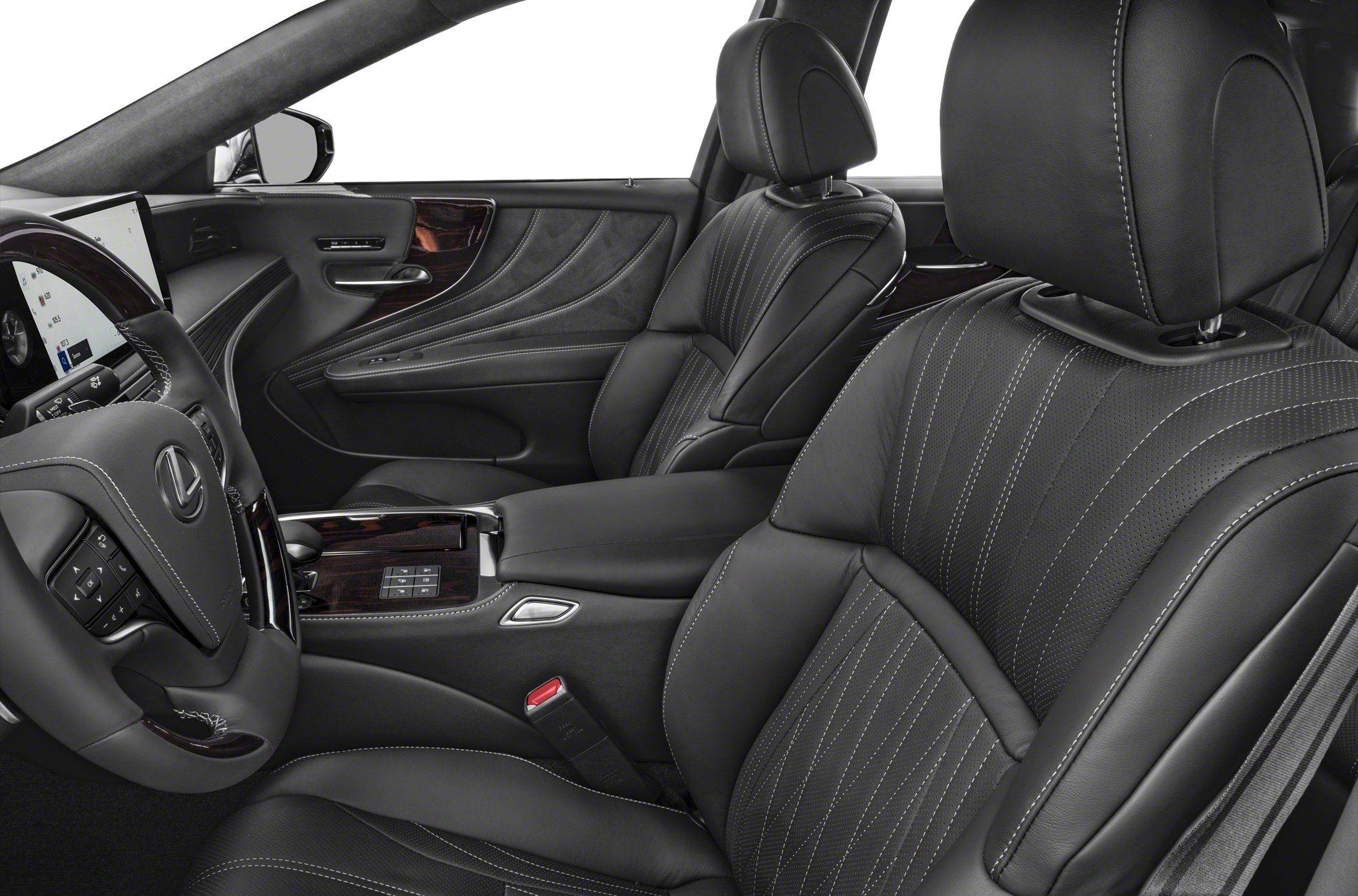 Luxury black leather seats with detailed stitching and modern dashboard