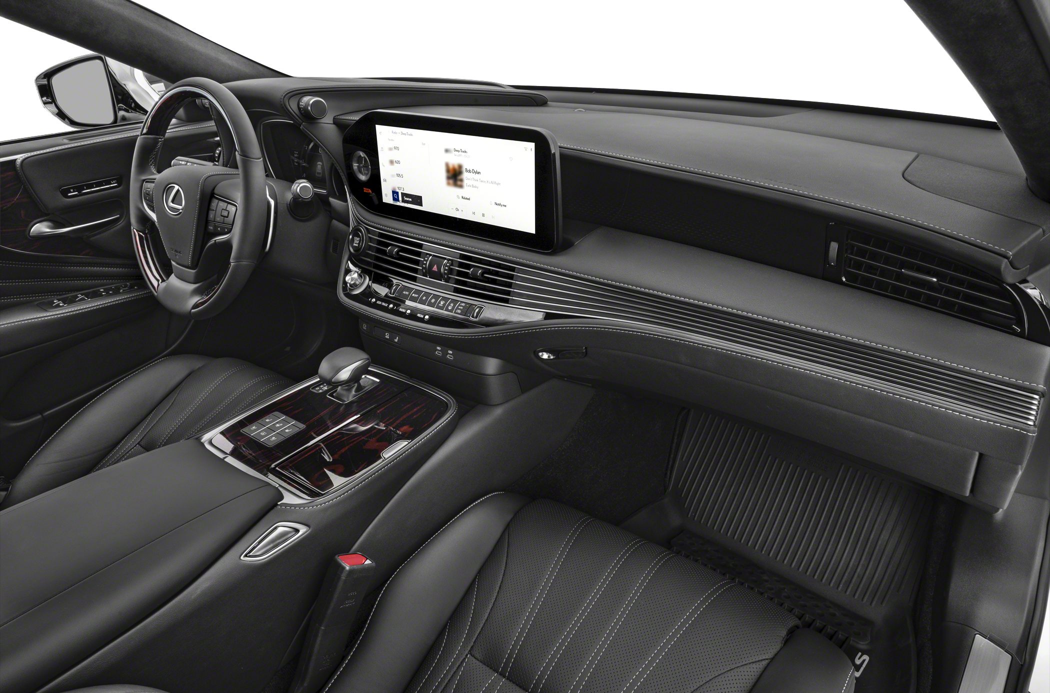 Luxury interior with premium leather, wood trim, and advanced infotainment display