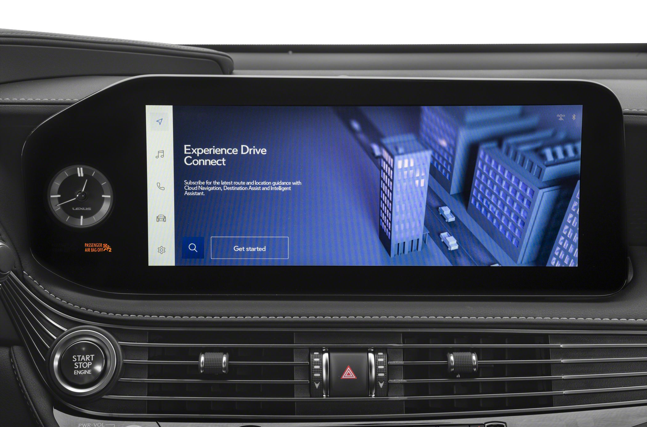 Digital infotainment display with analog clock and dashboard controls