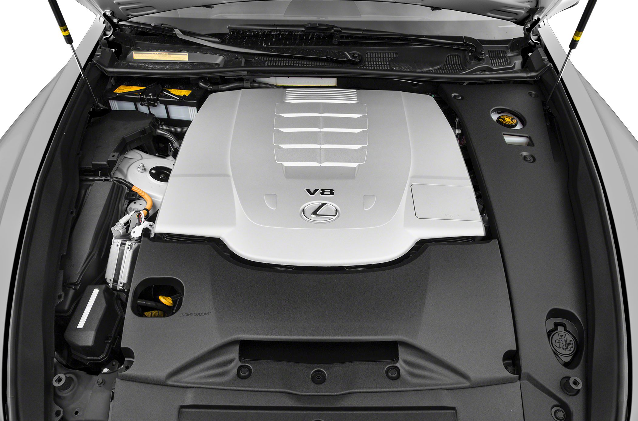 Front view of Lexus V8 engine with silver cover inside engine bay