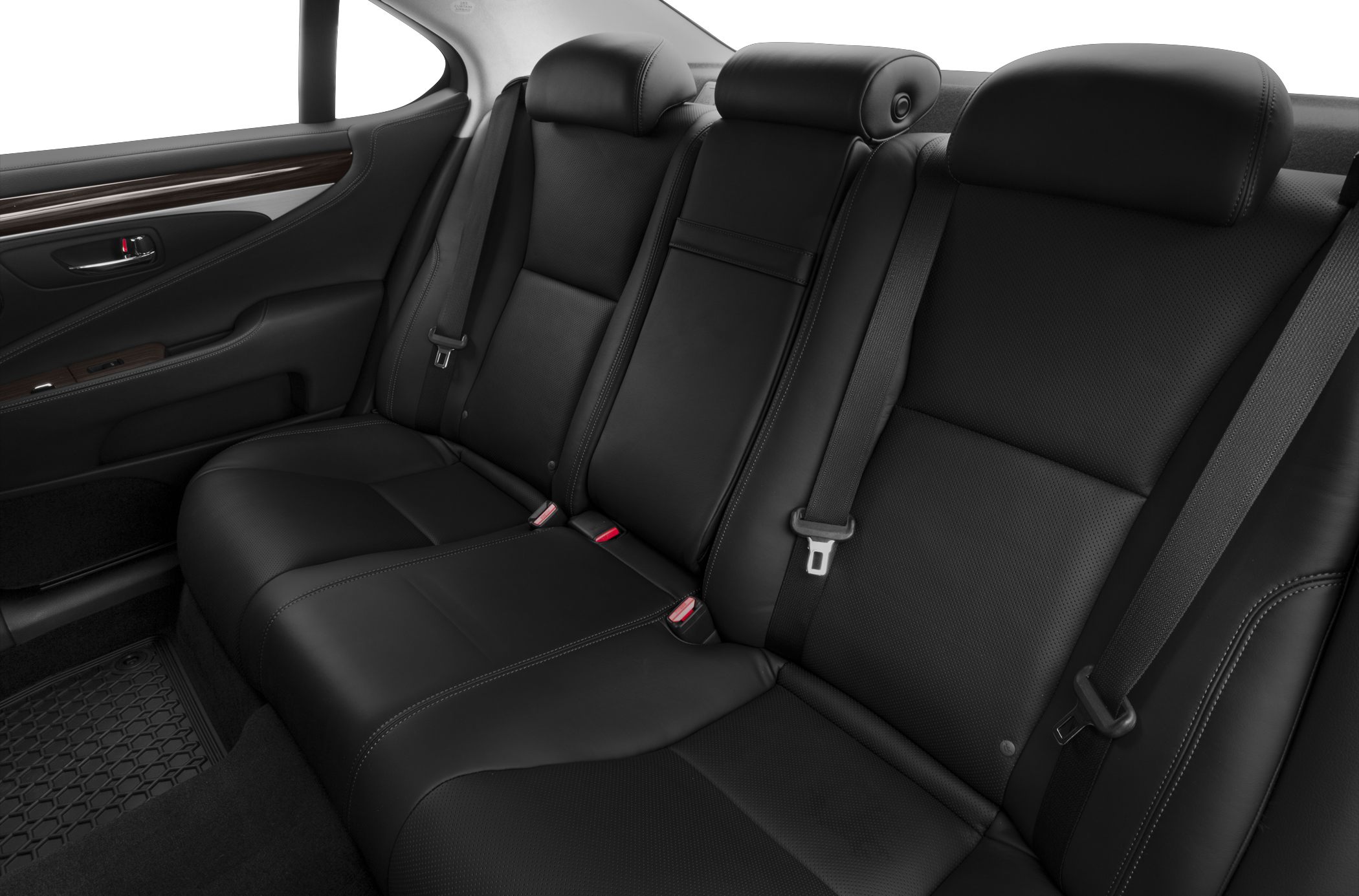 Black leather rear seats with wood trim and detailed stitching