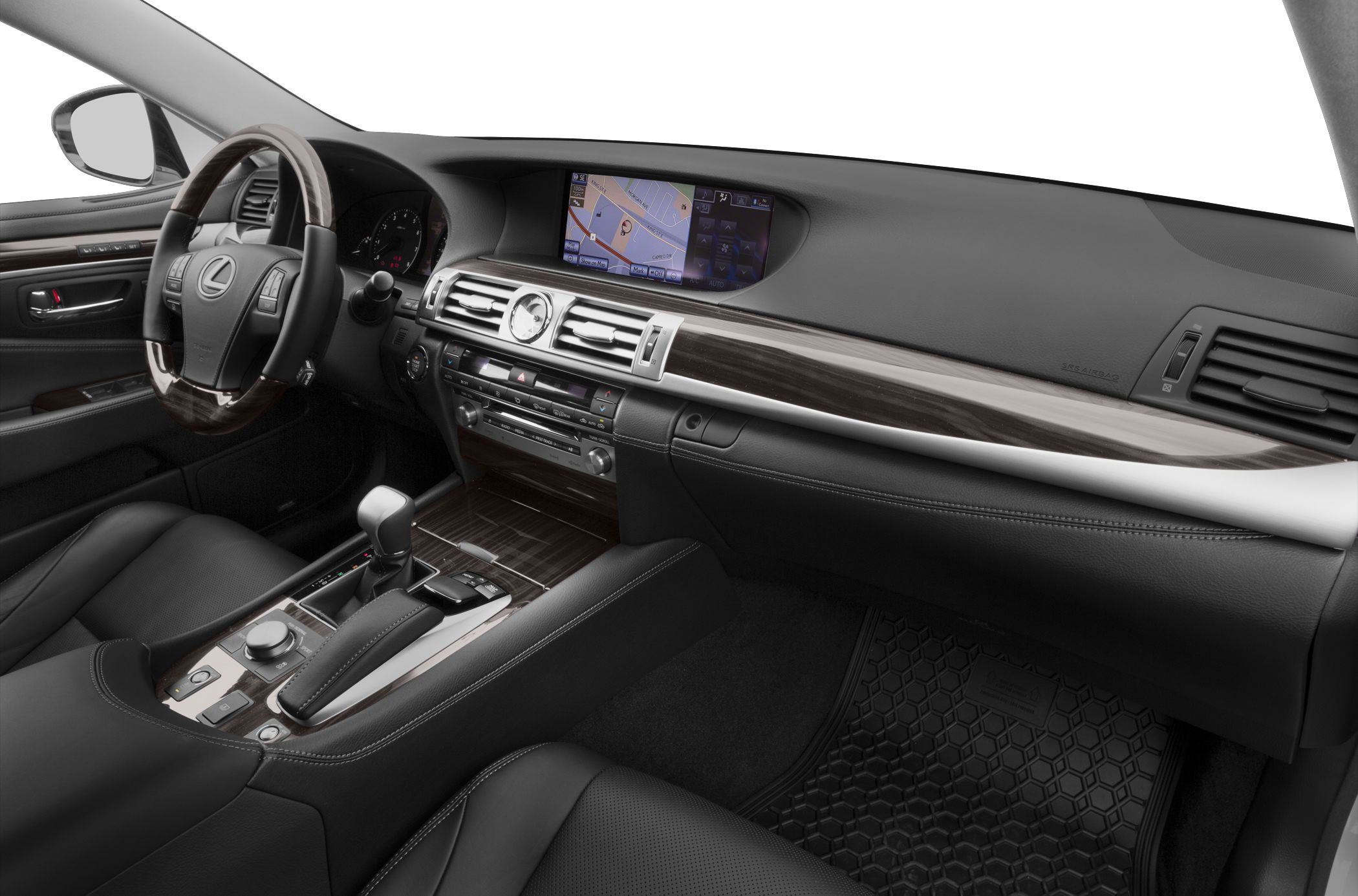 Luxury car interior with wood trim and navigation display