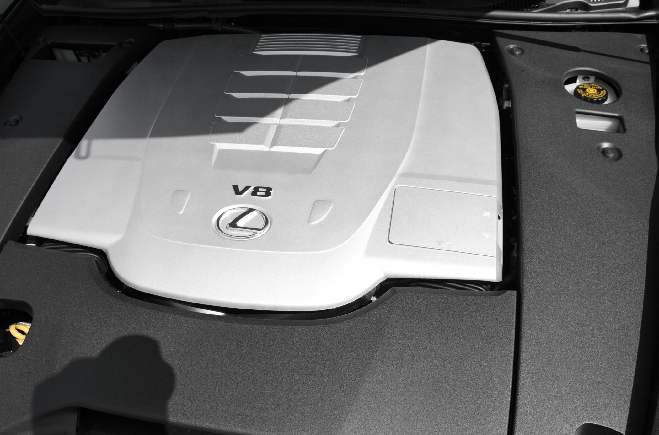 Close-up of a V8 engine cover with Lexus emblem