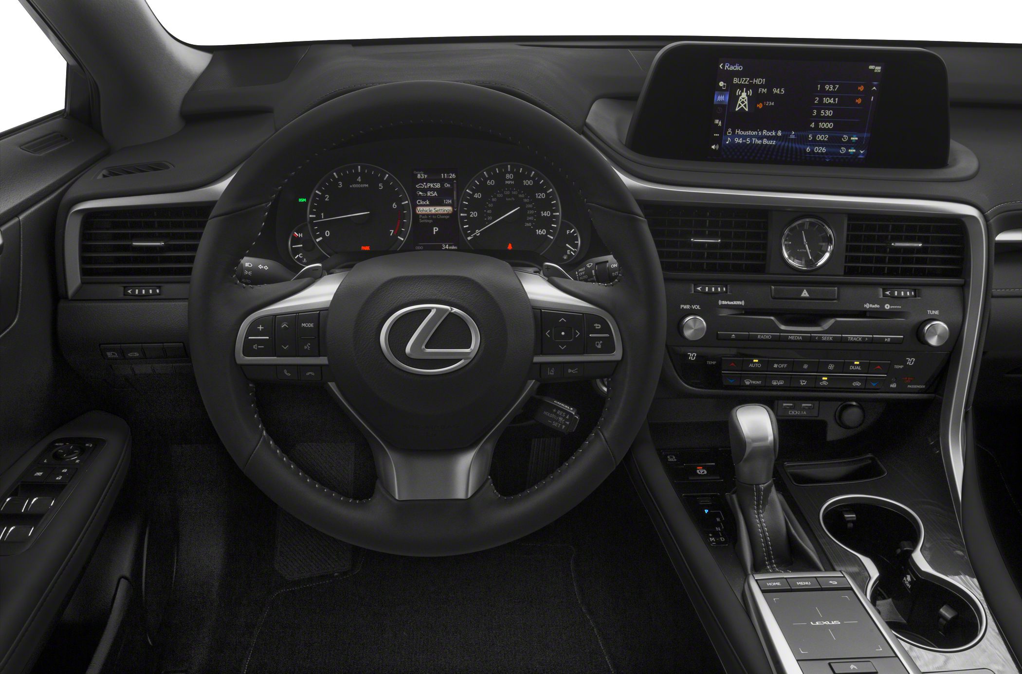 Dashboard and multifunction steering wheel with digital displays and infotainment screen