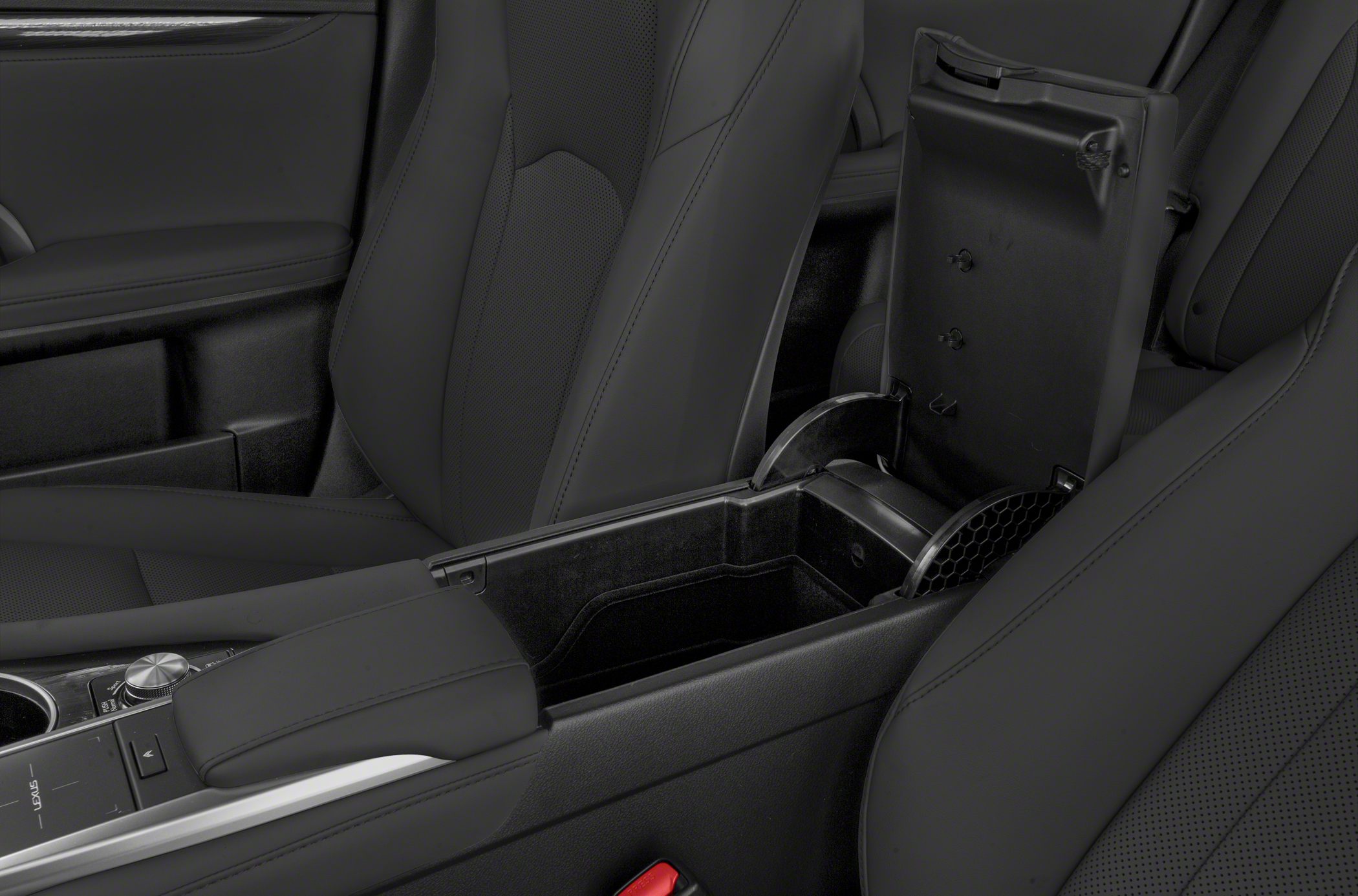 Open central armrest storage compartment with leather upholstery