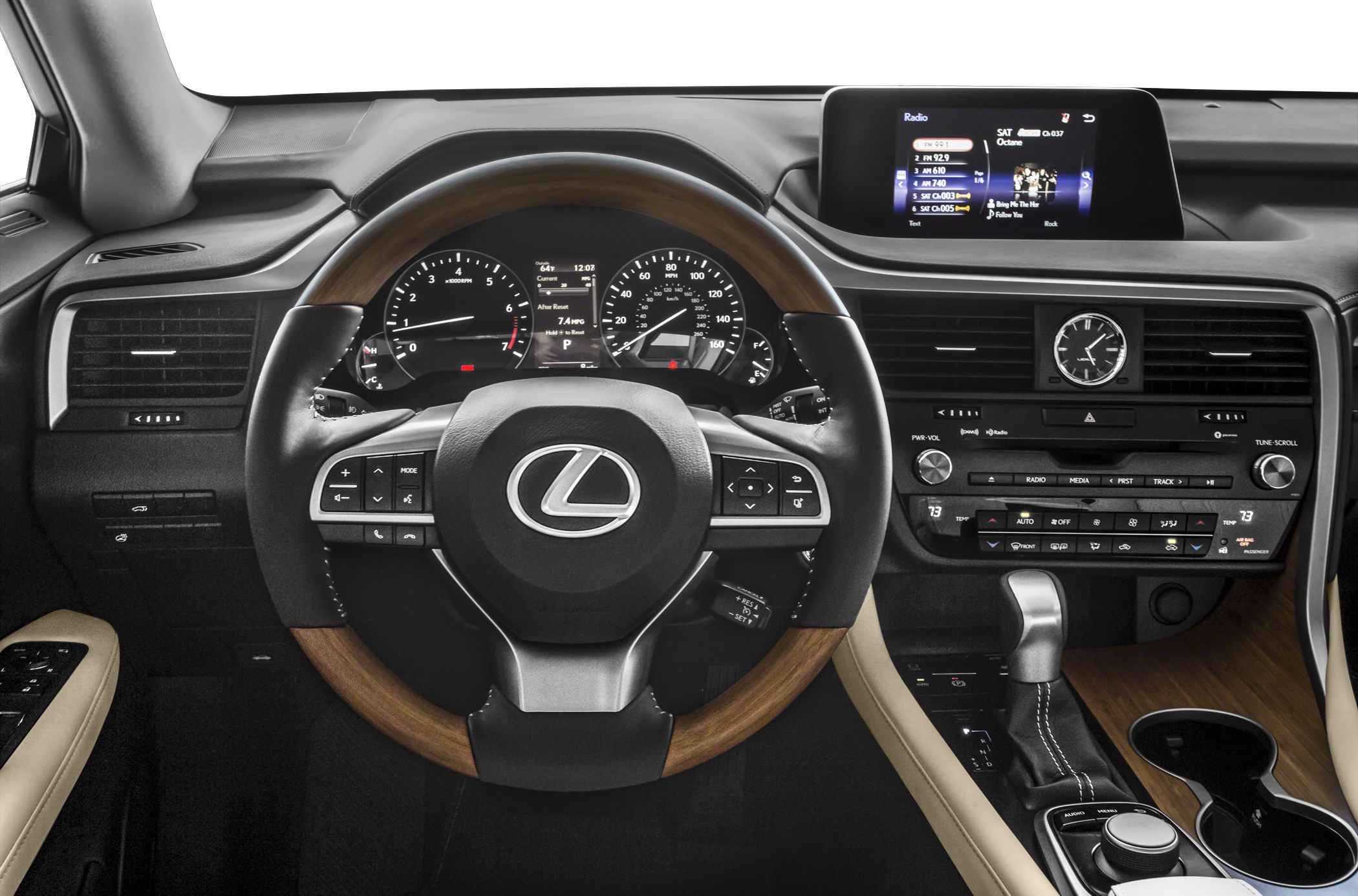 Wood-accented steering wheel and digital dashboard with infotainment screen