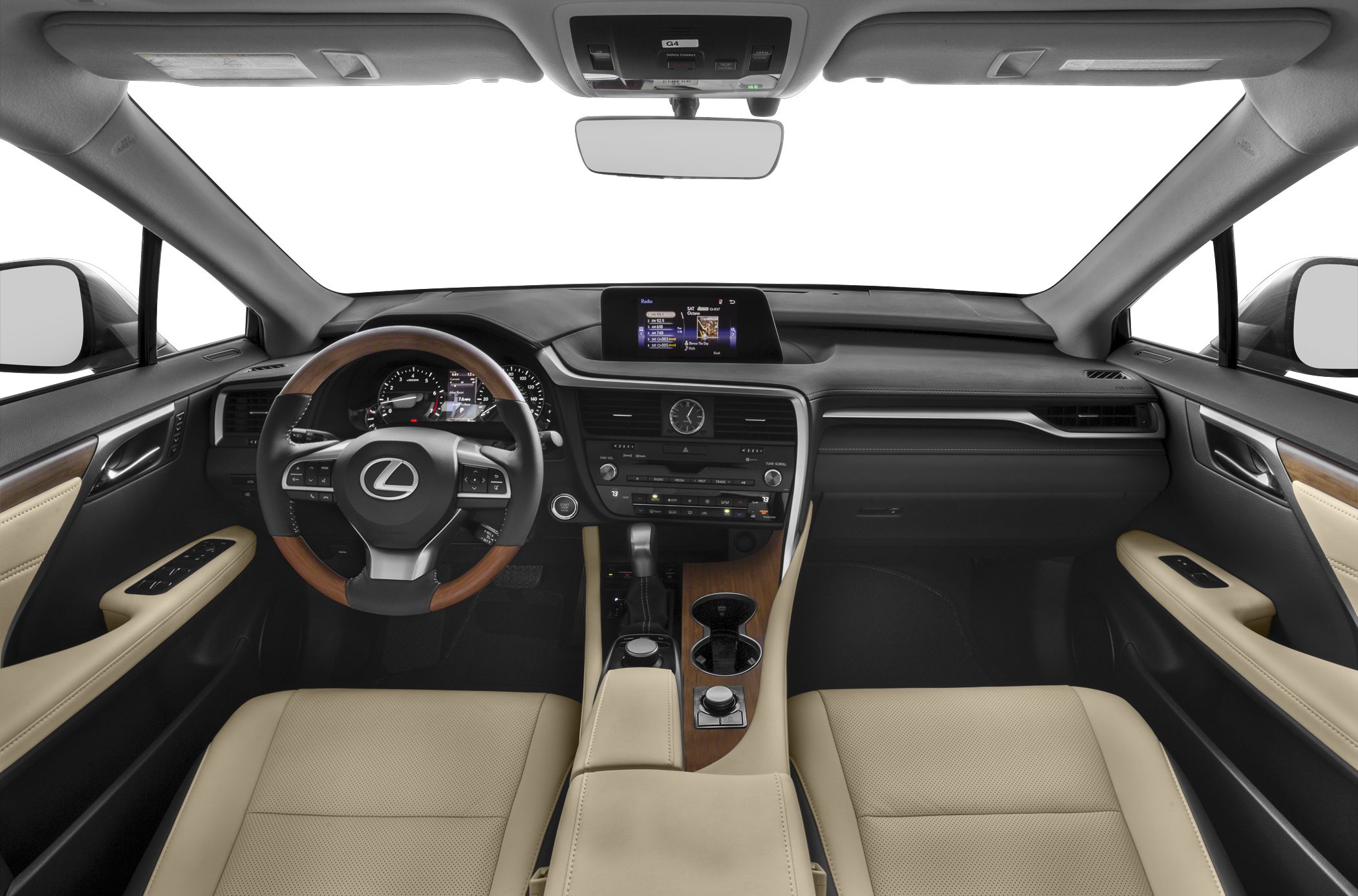 Luxury SUV interior with wood trim steering wheel and digital dashboard