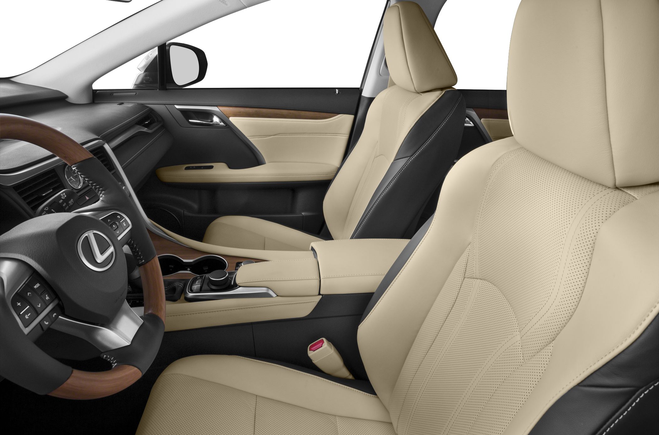 Beige perforated leather seats with black accents and wooden-trimmed steering wheel
