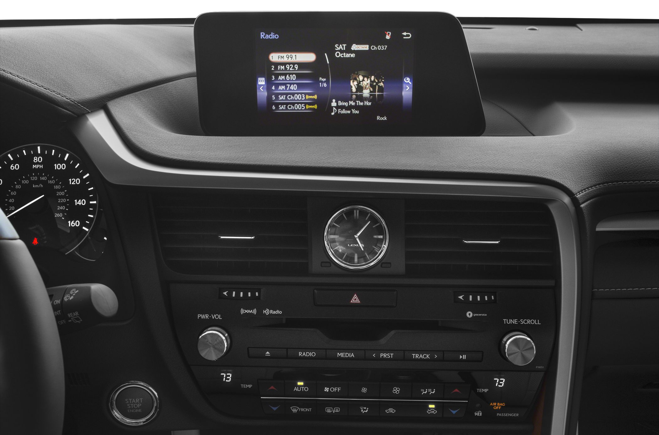 Infotainment screen, analog clock, climate control panel