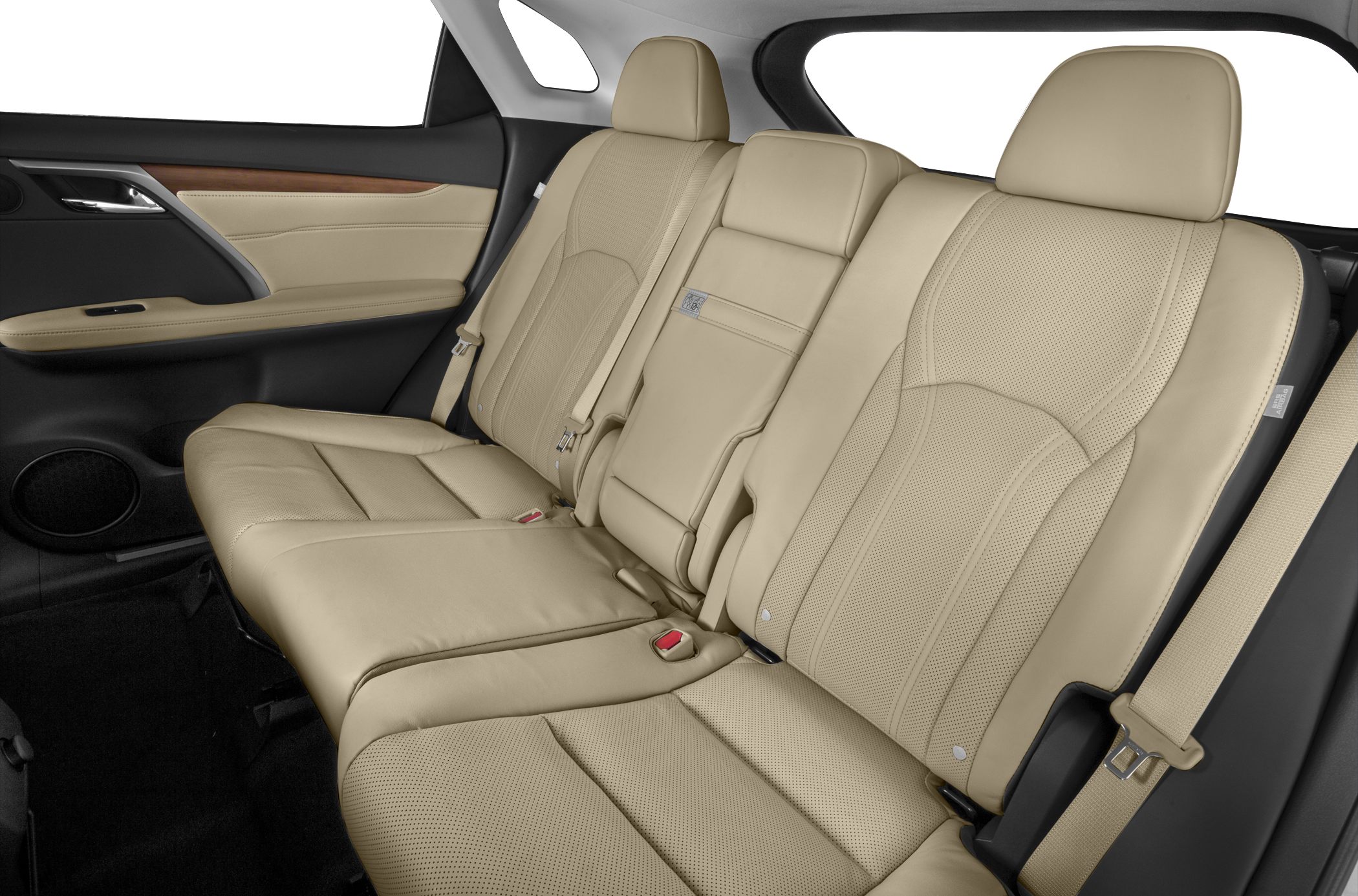 Beige leather rear seats with perforated design and seat belts