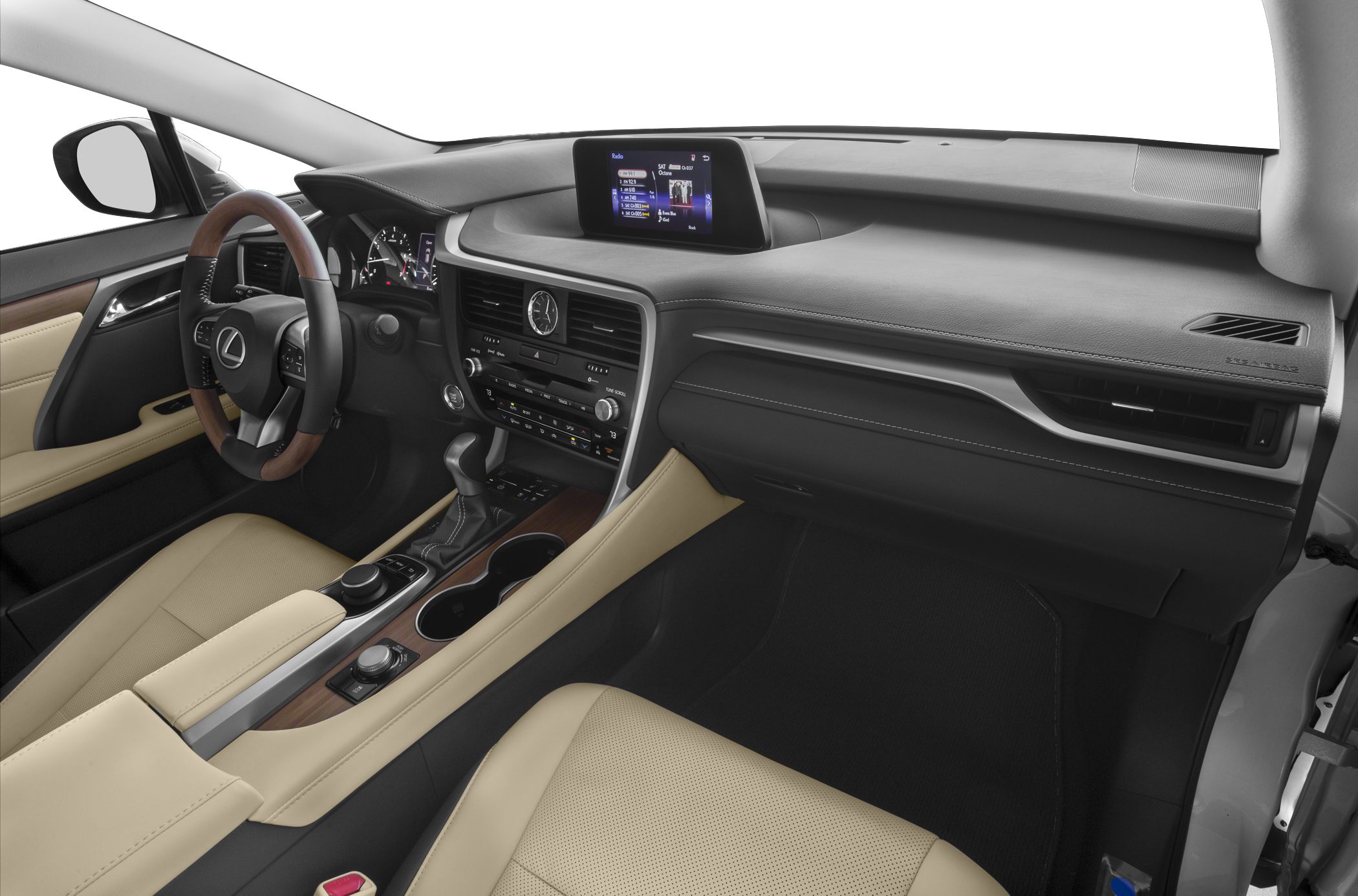 Premium dashboard with infotainment screen and wood trim center console.