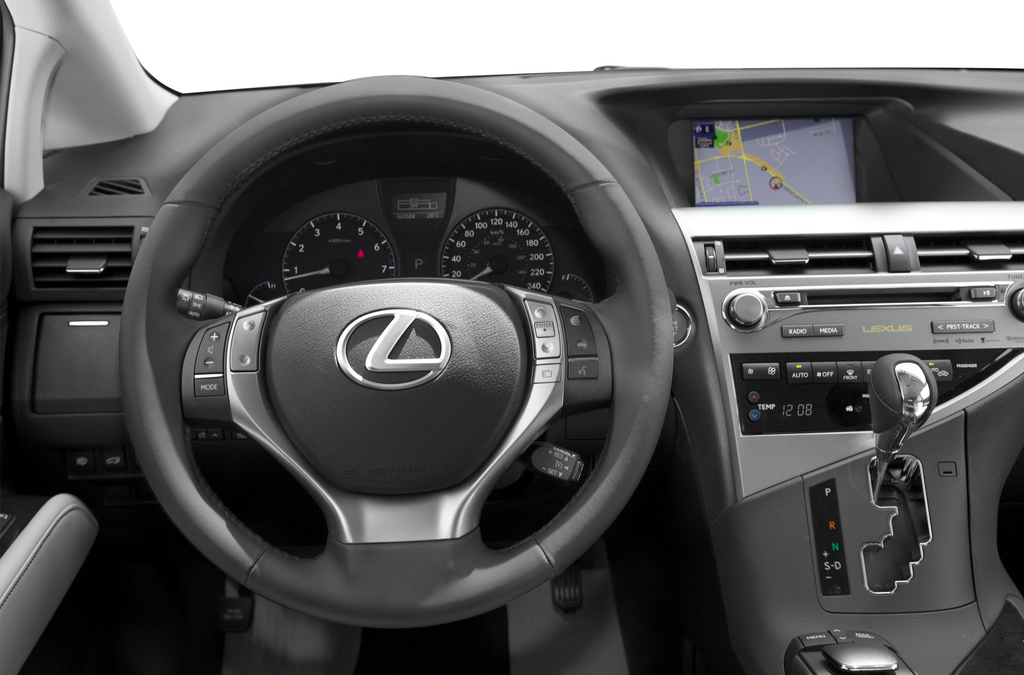 Steering wheel, instrument cluster, and navigation system in car interior