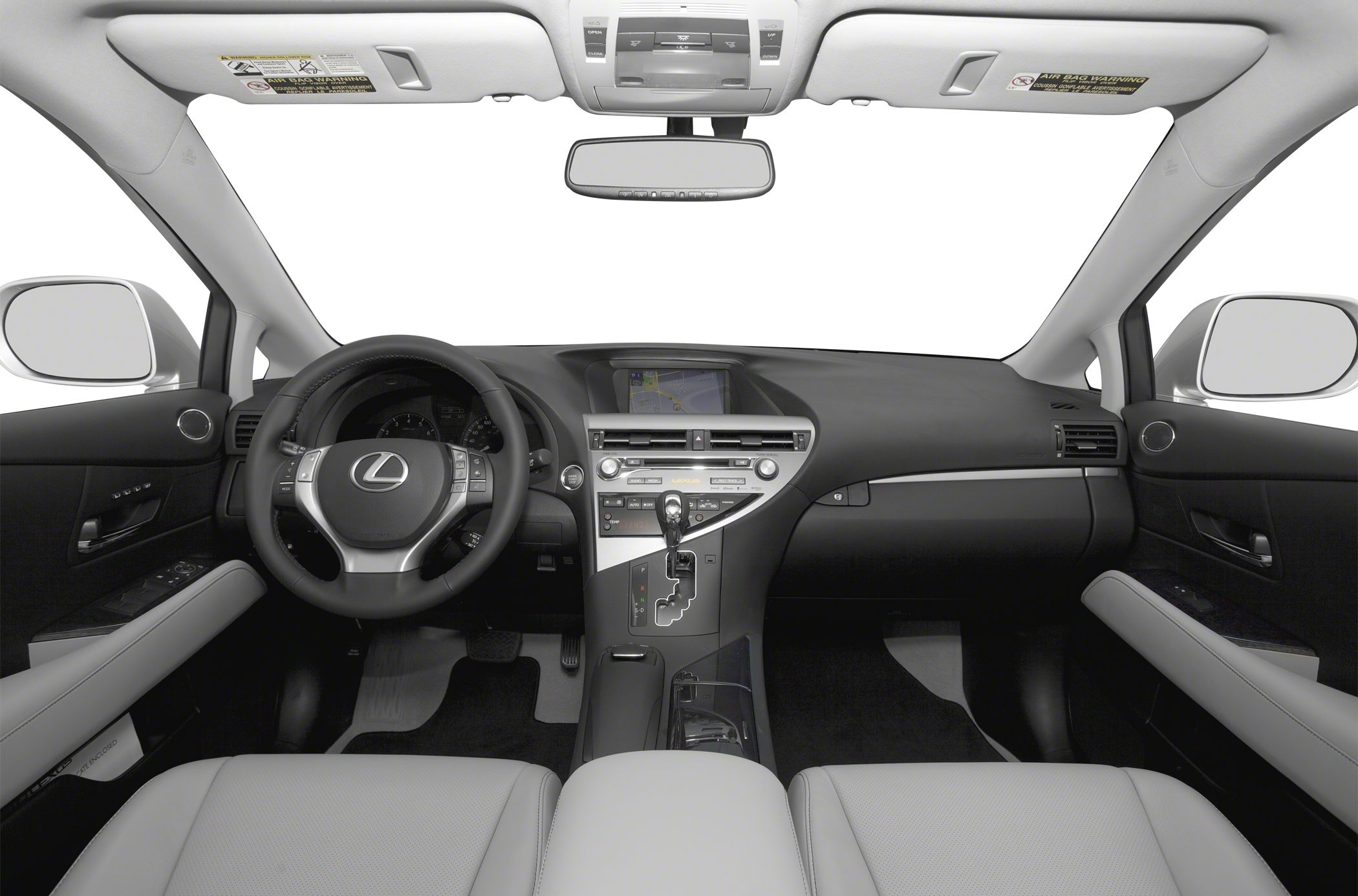 Car interior dashboard with steering wheel and navigation screen