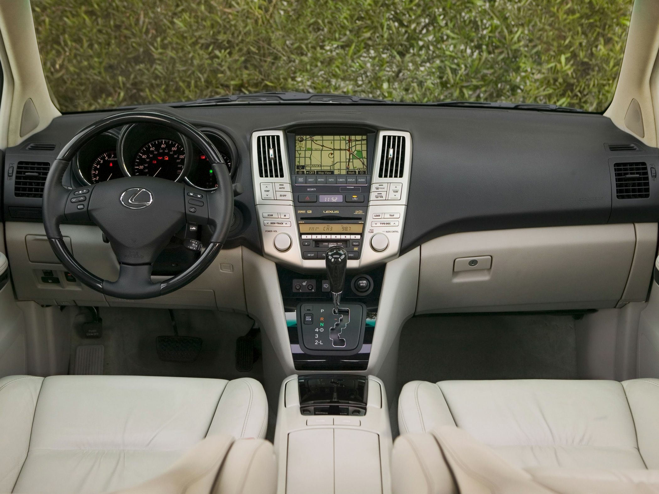 Dashboard, steering wheel, and center console interior view