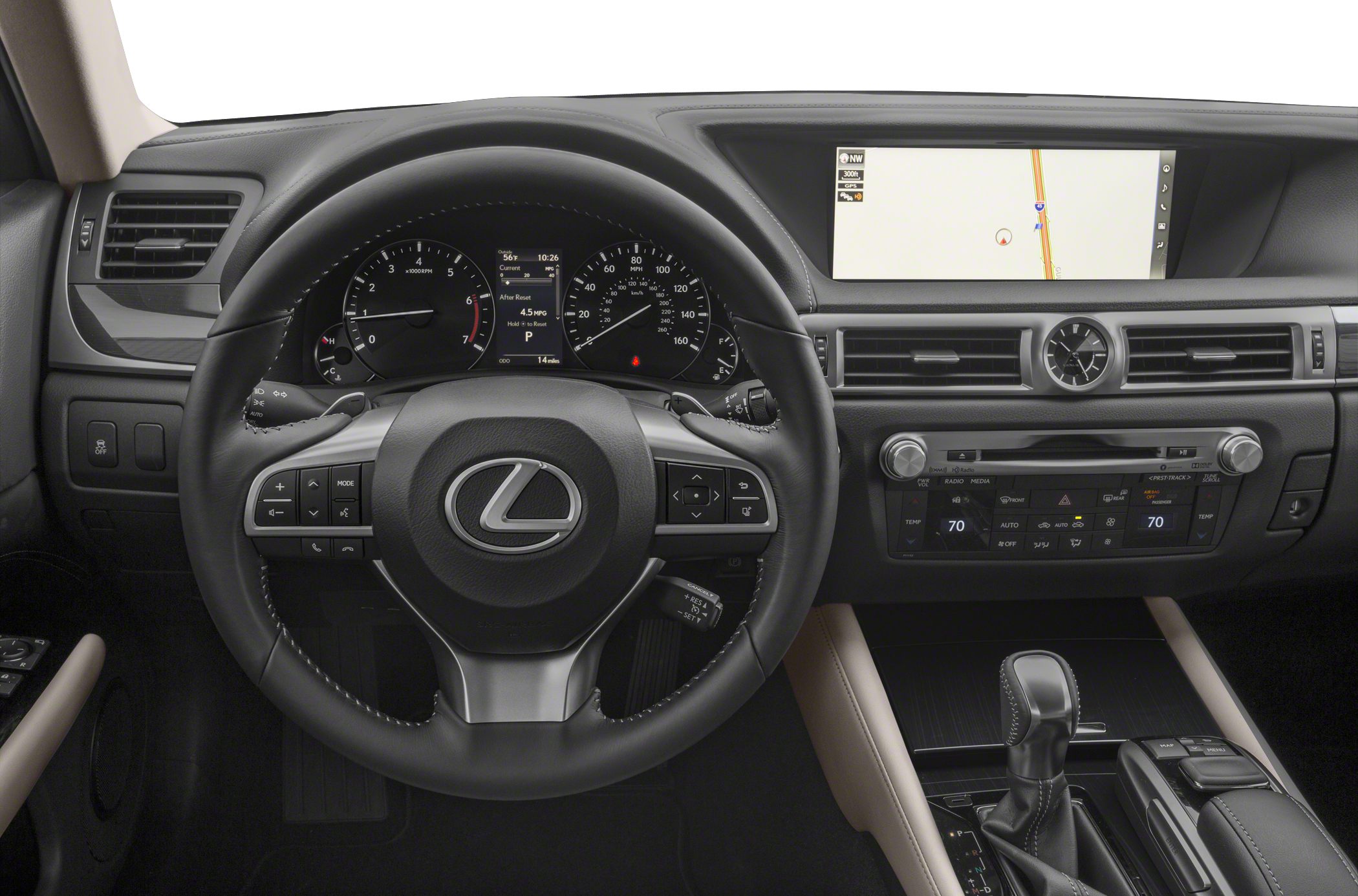 Luxury car interior with dashboard, steering wheel, navigation display