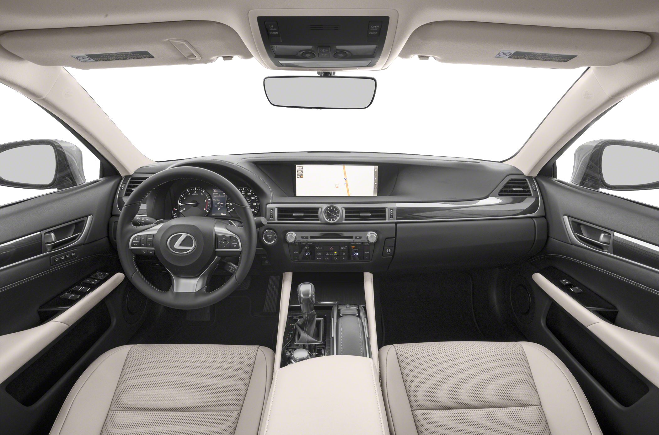 Luxury car interior with dashboard, analog clock, digital display, and leather steering wheel